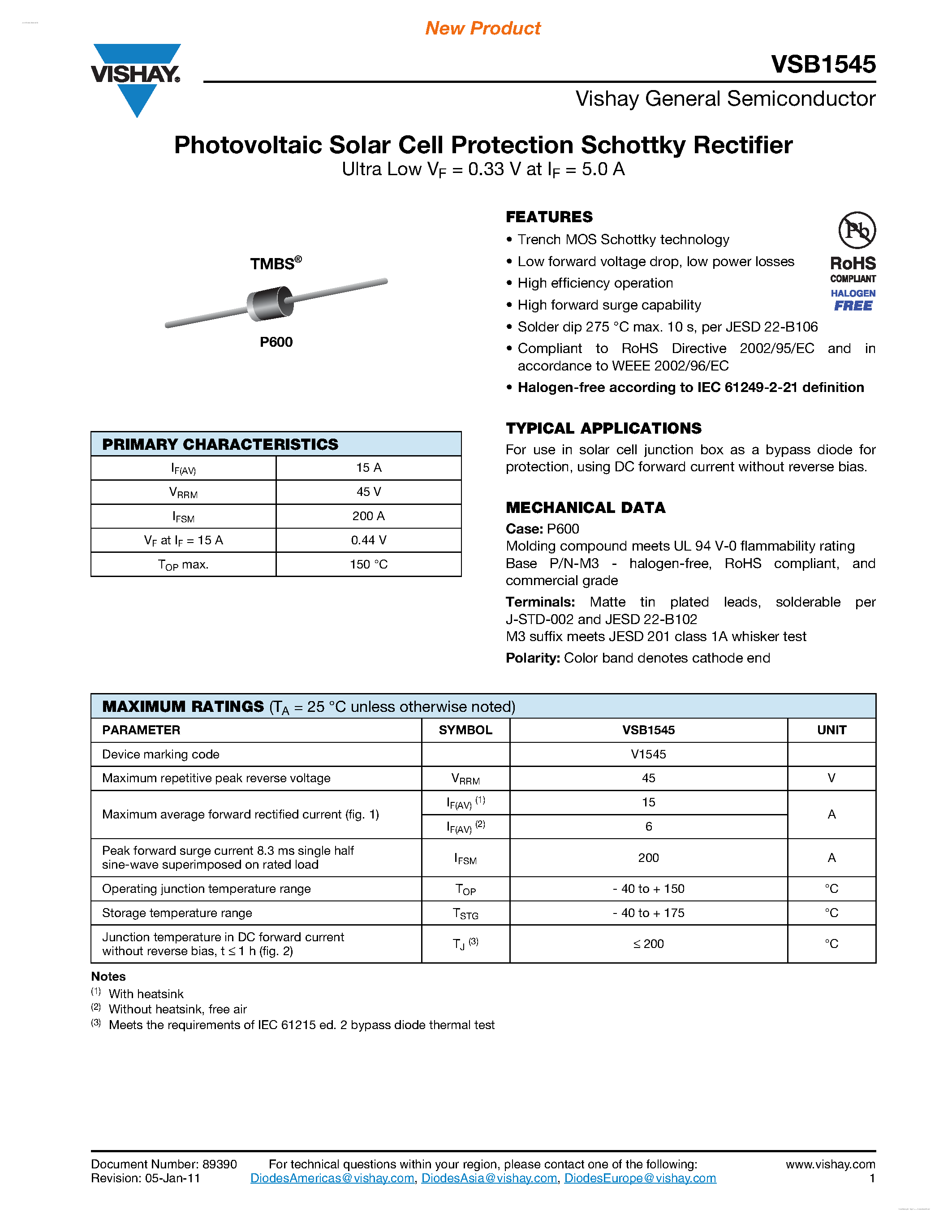 Datasheet VSB1545 - Photovoltaic Solar Cell Protection Schottky Rectifier page 1