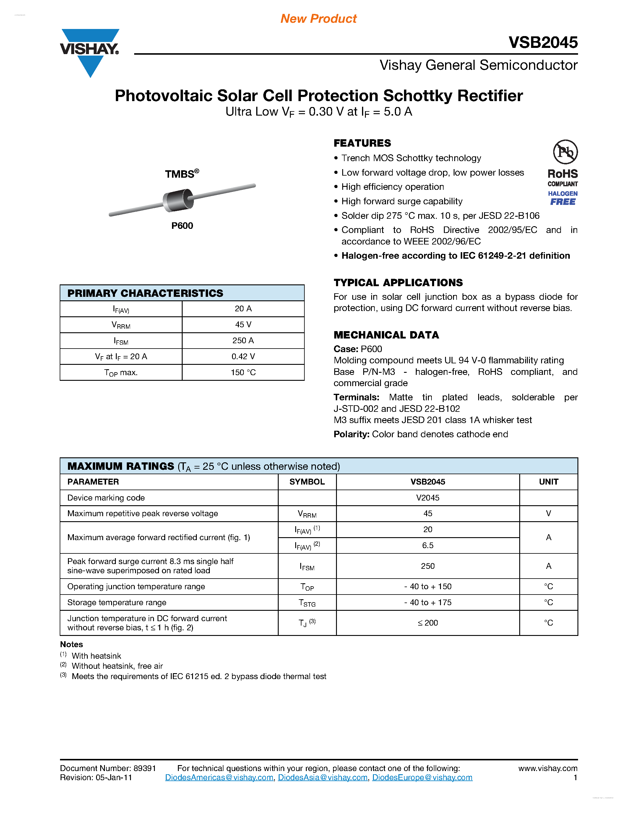 Datasheet VSB2045 page 1 Datasheet VSB2045 - Photovoltaic Solar Cell Protection Schottky Rectifier page 1