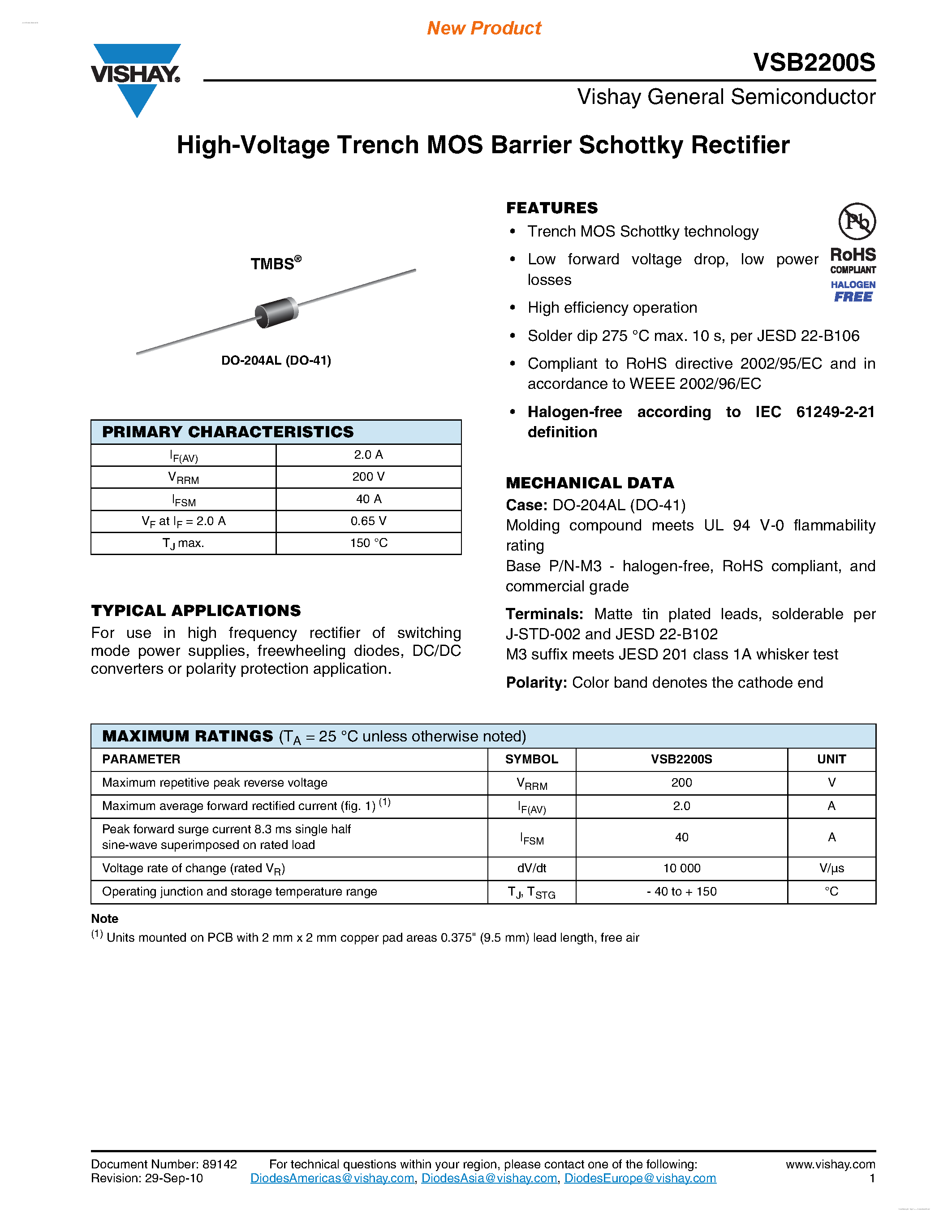 Datasheet VSB2200S page 1 Datasheet VSB2200S - High-Voltage Trench MOS Barrier Schottky Rectifier page 1