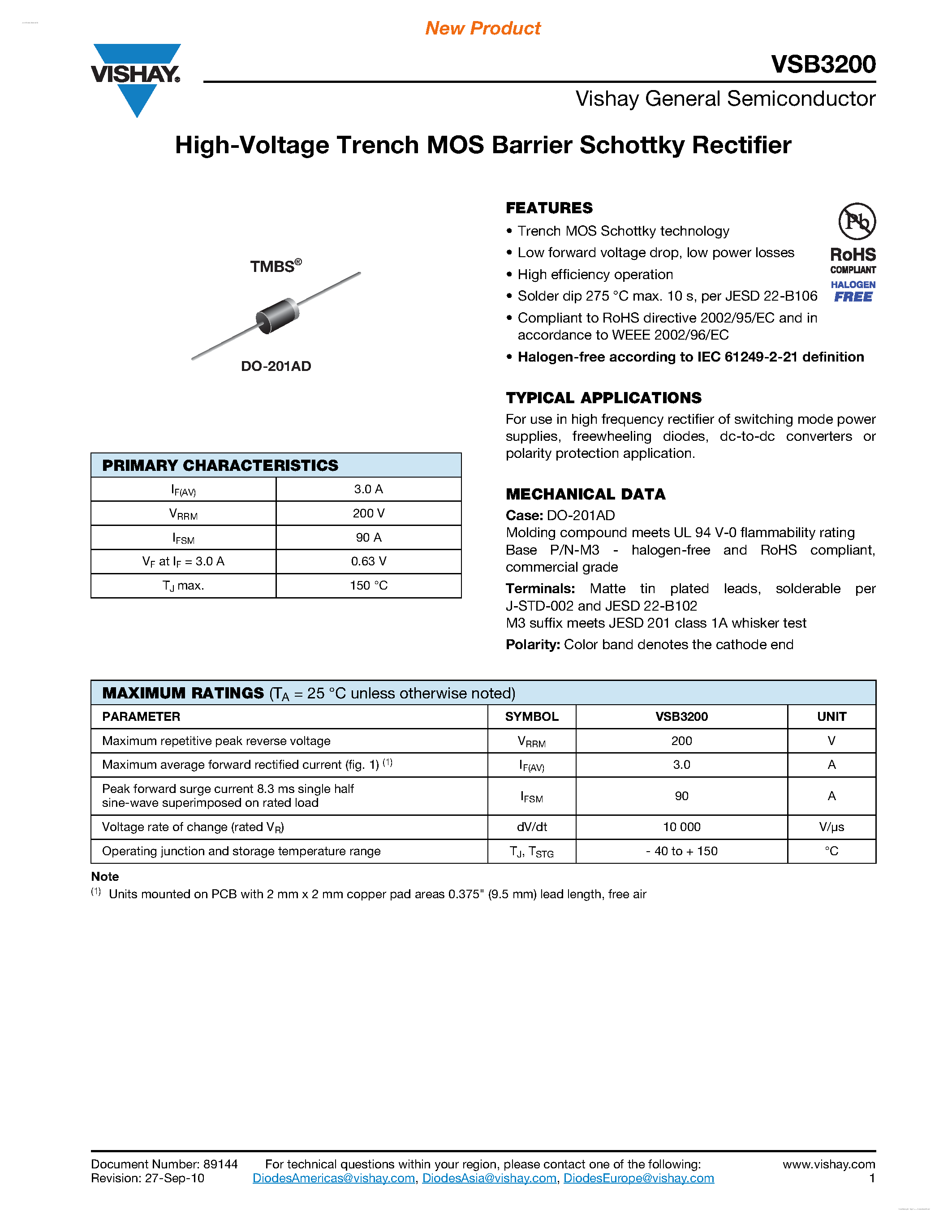 Datasheet VSB3200 - High-Voltage Trench MOS Barrier Schottky Rectifier page 1