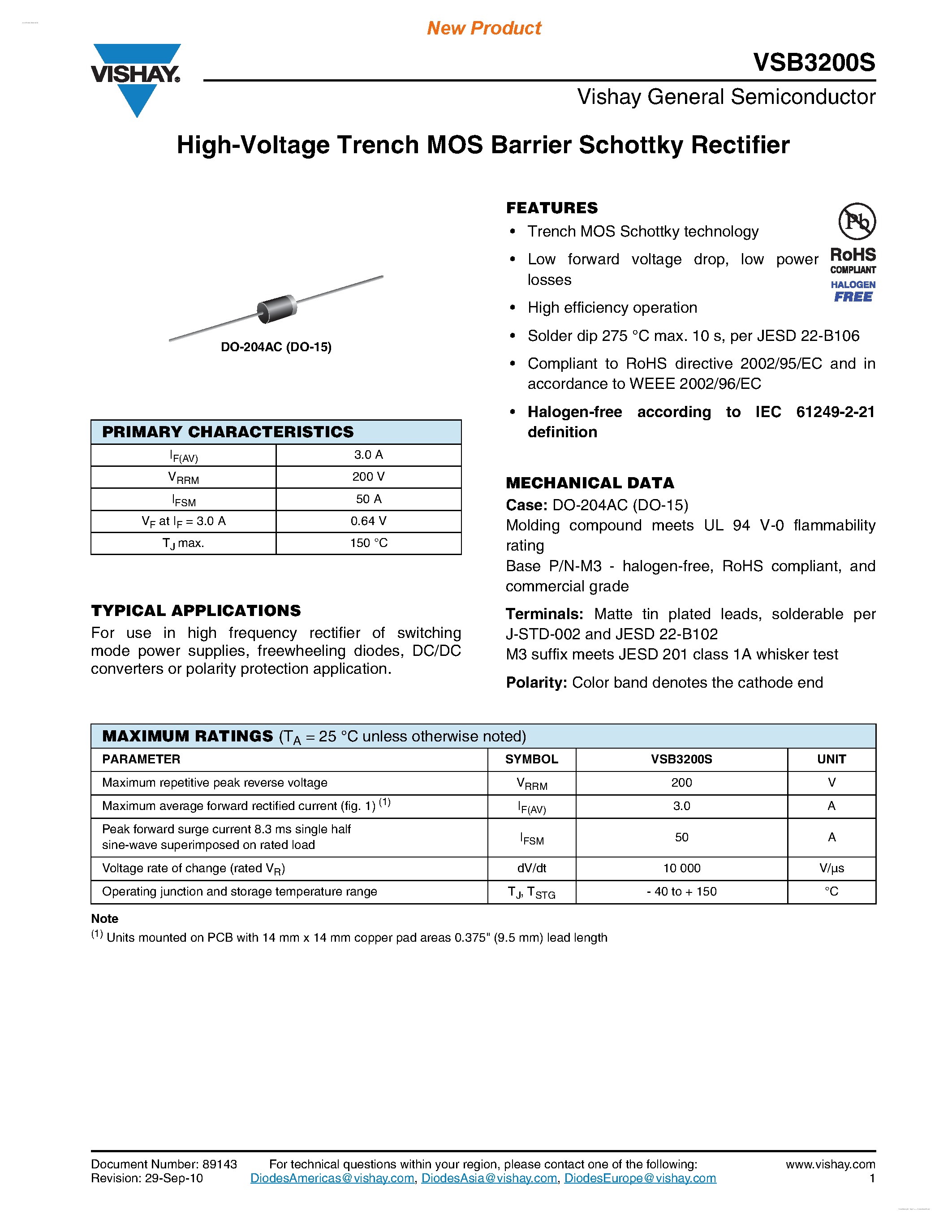 Datasheet VSB3200S page 1 Datasheet VSB3200S - High-Voltage Trench MOS Barrier Schottky Rectifier page 1
