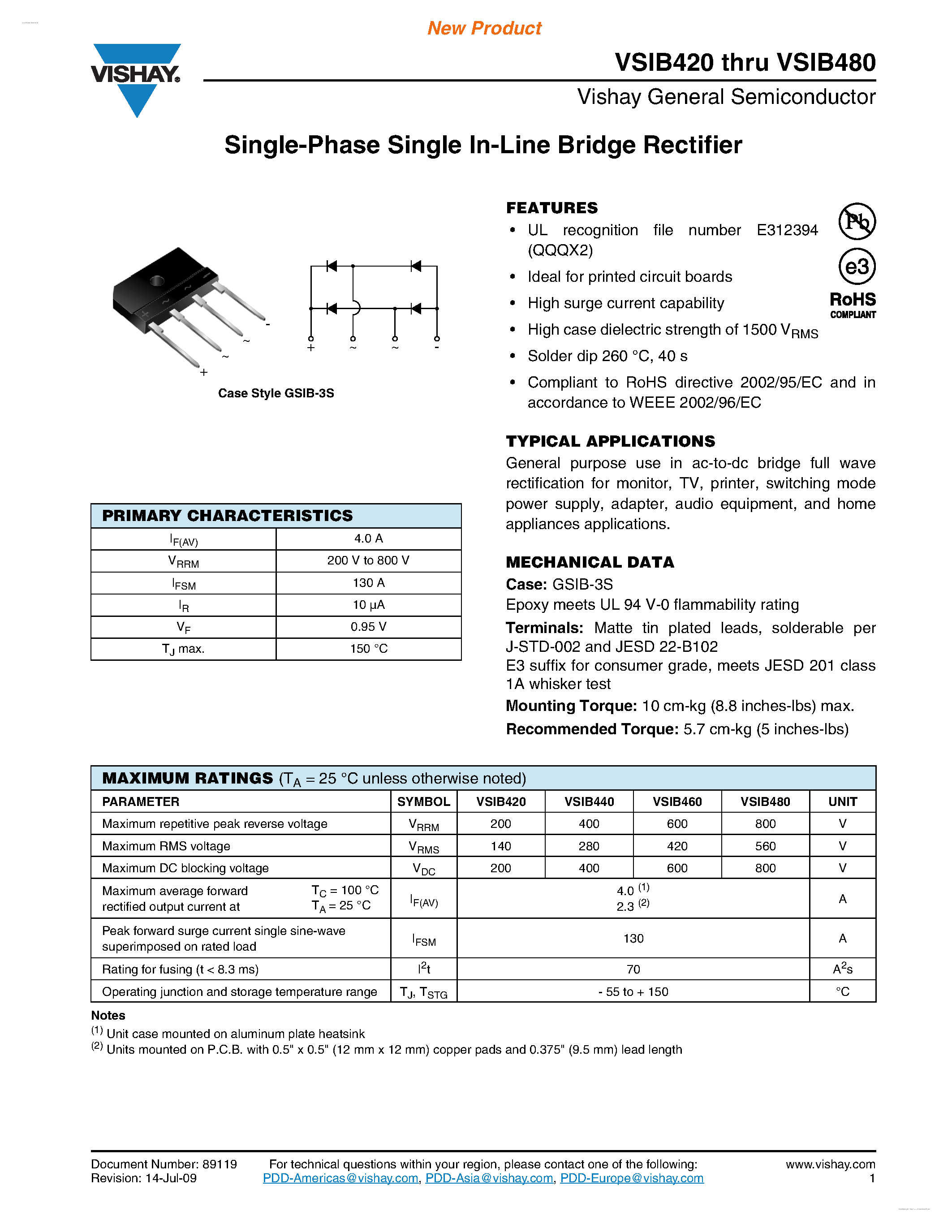 Даташит VSIB420 - (VSIB420 - VSIB480) Single-Phase Single In-Line Bridge Rectifier страница 1
