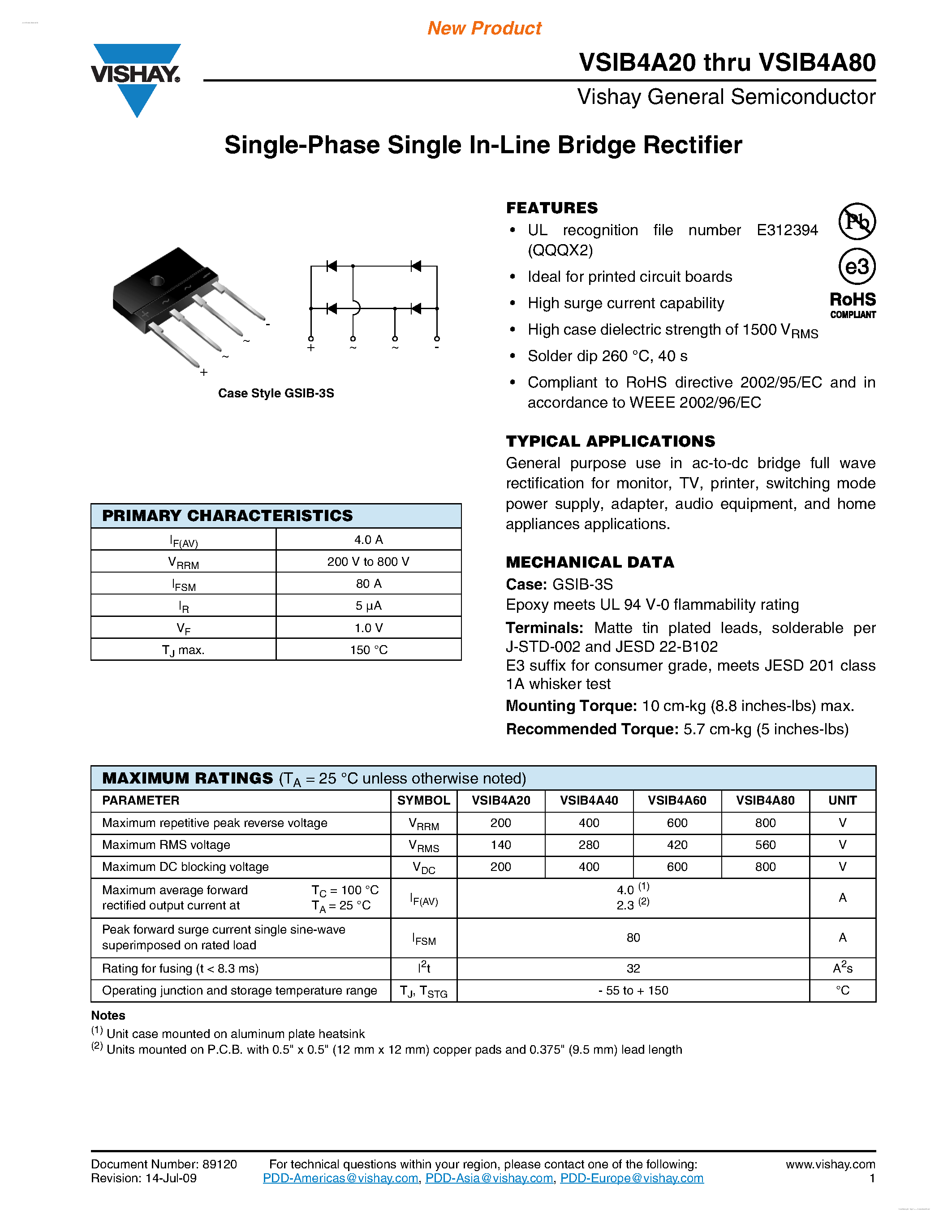 Даташит VSIB4A20 - (VSIB4A20 - VSIB4A80) Single-Phase Single In-Line Bridge Rectifier страница 1