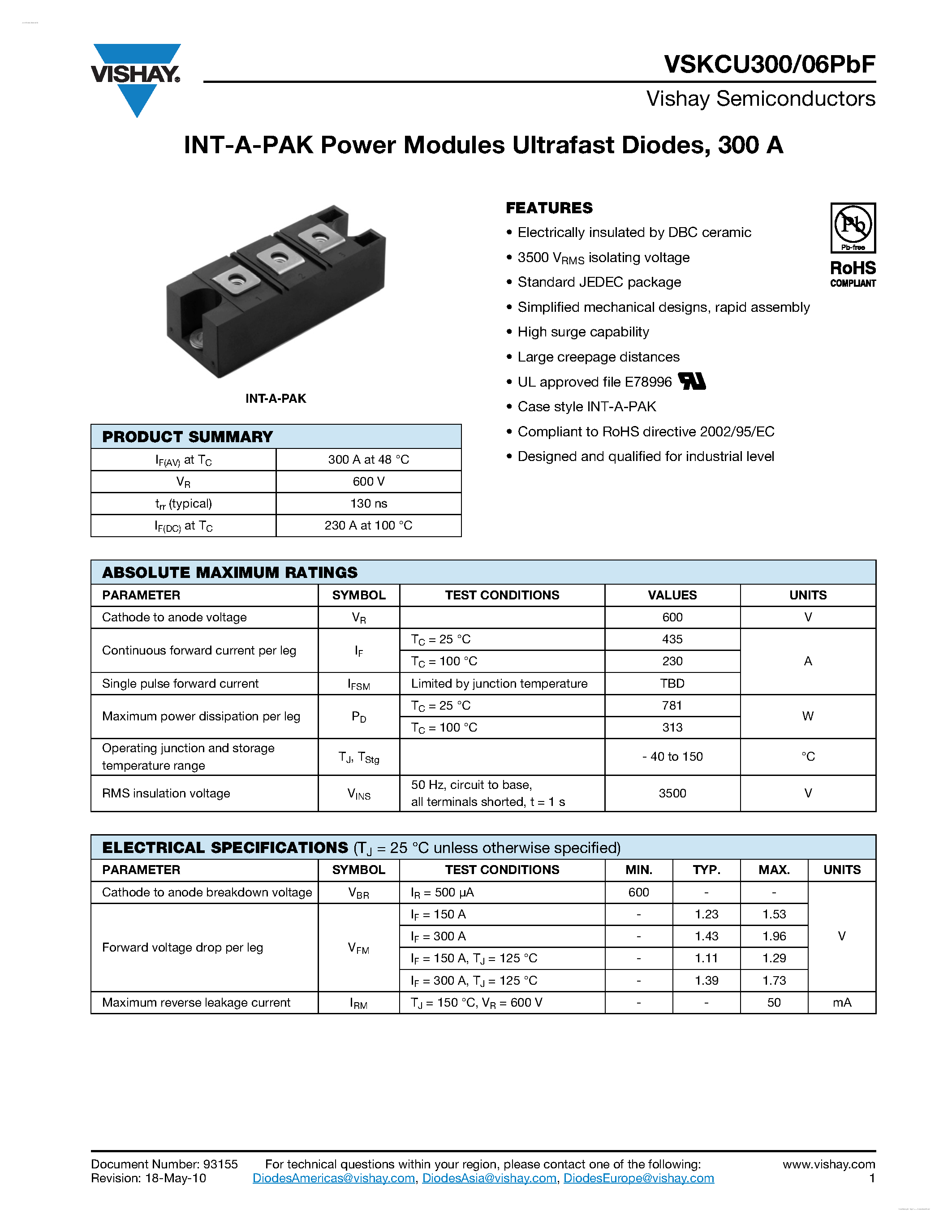 Datasheet VSKCU300/06PBF page 1 Datasheet VSKCU300/06PBF - INT-A-PAK Power Modules Ultrafast Diodes page 1