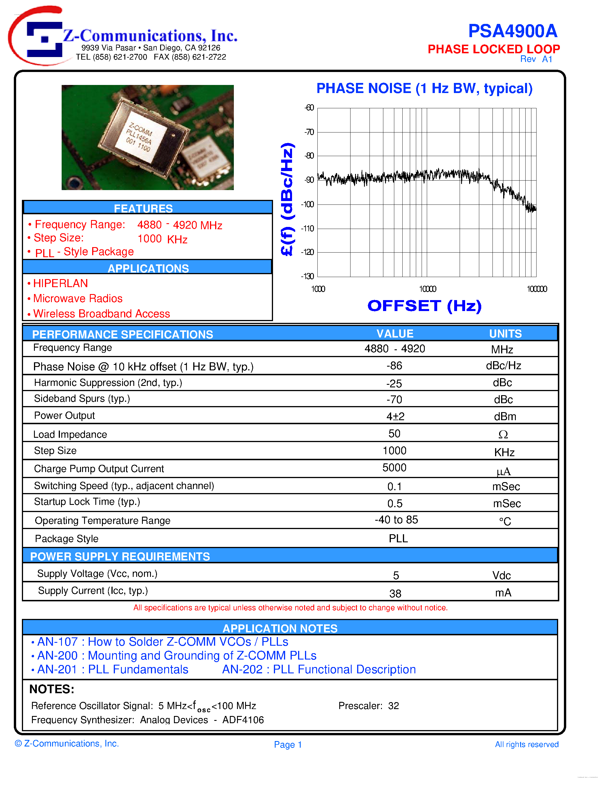 Даташит PSA4900A - HIGH PERFORMANCE PHASE LOCKED LOOP страница 1