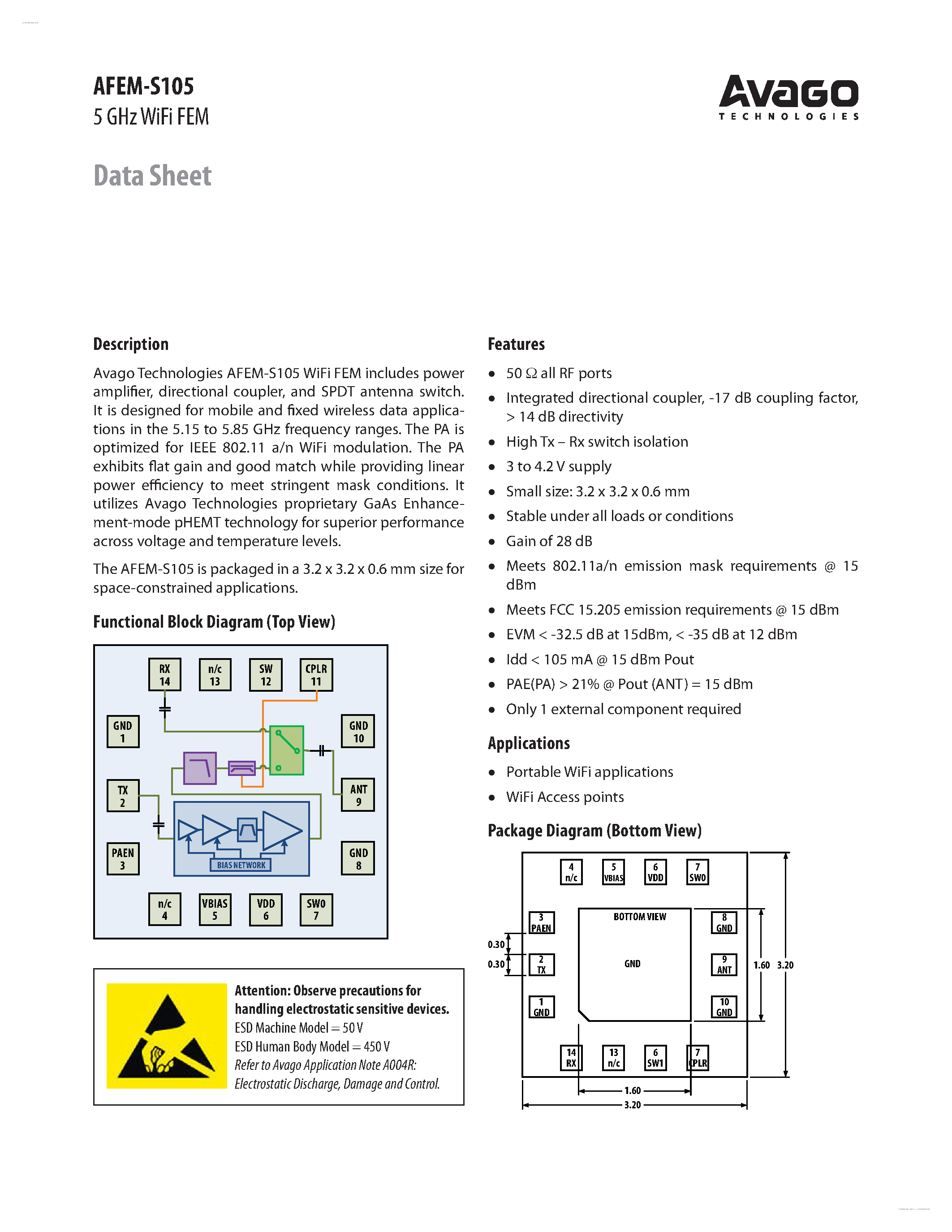 Datasheet AFEM-S105 - 5 GHz WiFi FEM page 1