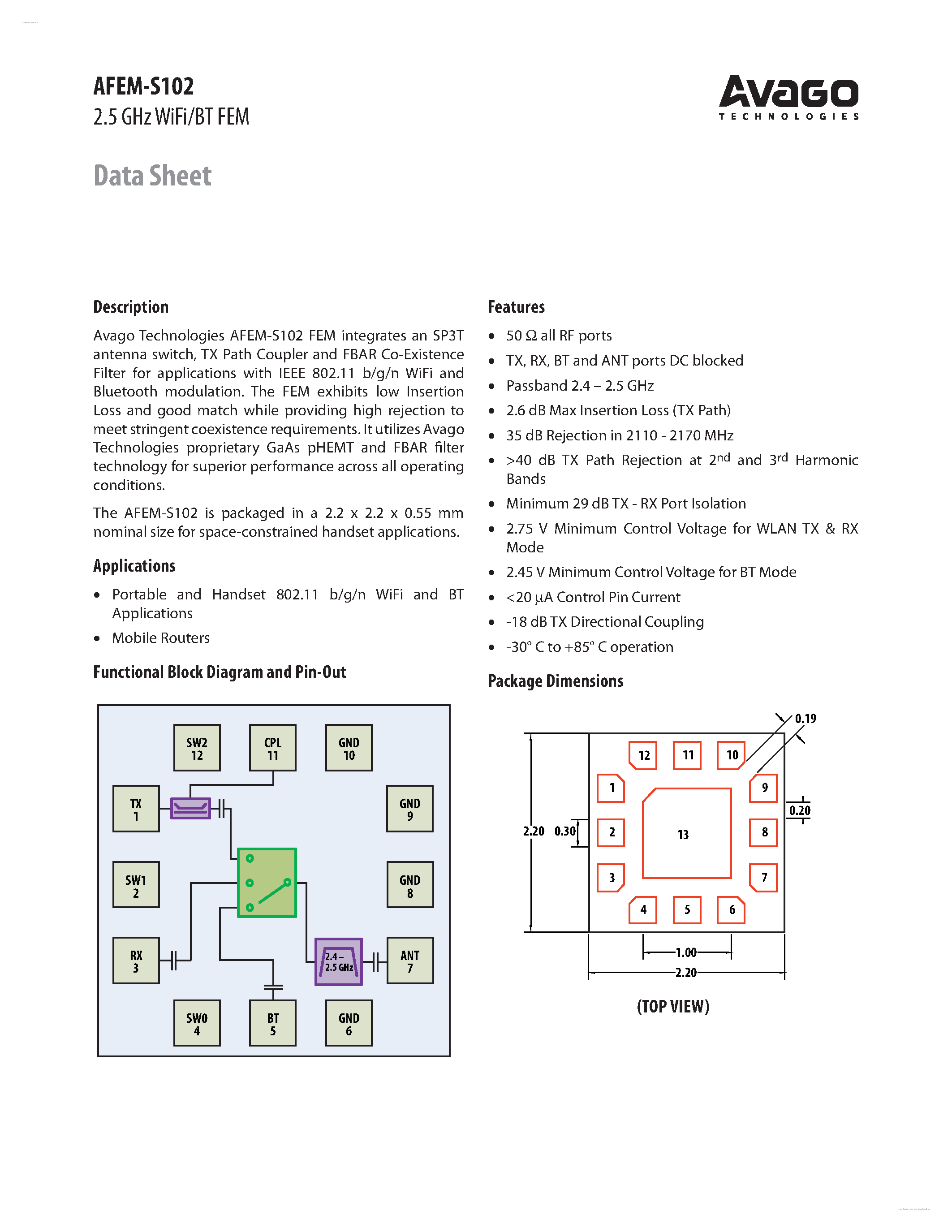 Datasheet AFEM-S102 - 2.5 GHz WiFi/BT FEM page 1