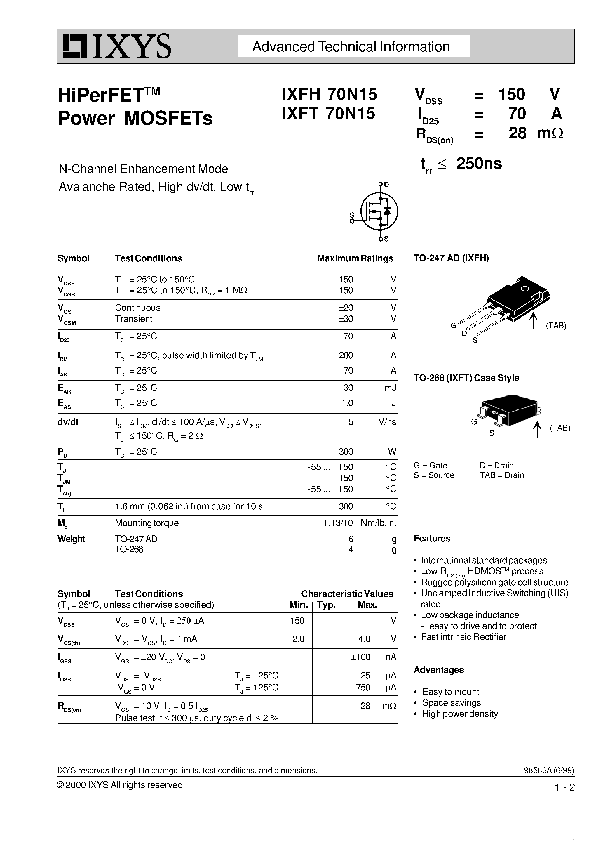 Даташит IXFH70N15 - HiPerFETTM Power MOSFETs страница 1