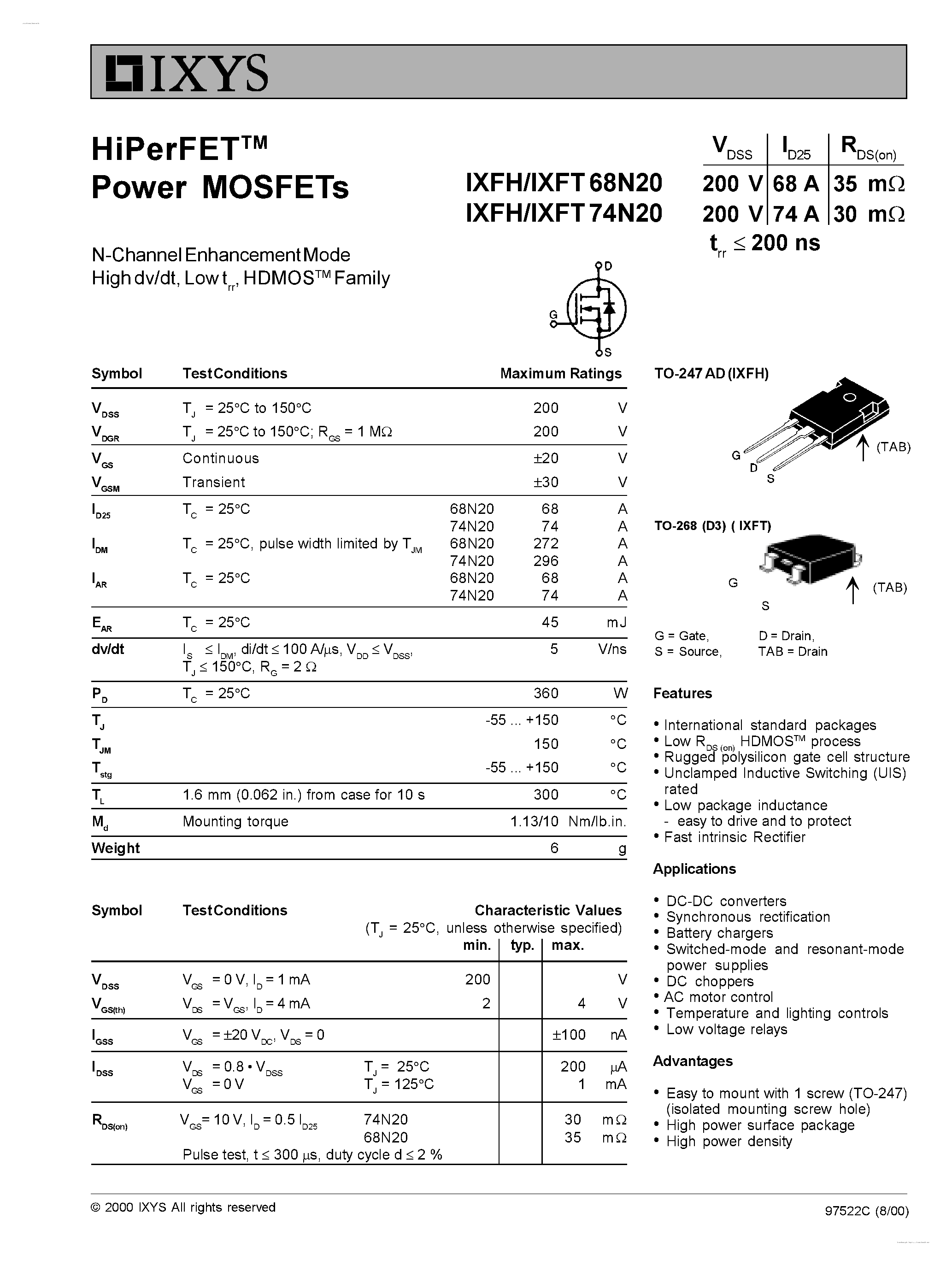 Даташит IXFH68N20 - HIPERFET POWER MOSFETs страница 1