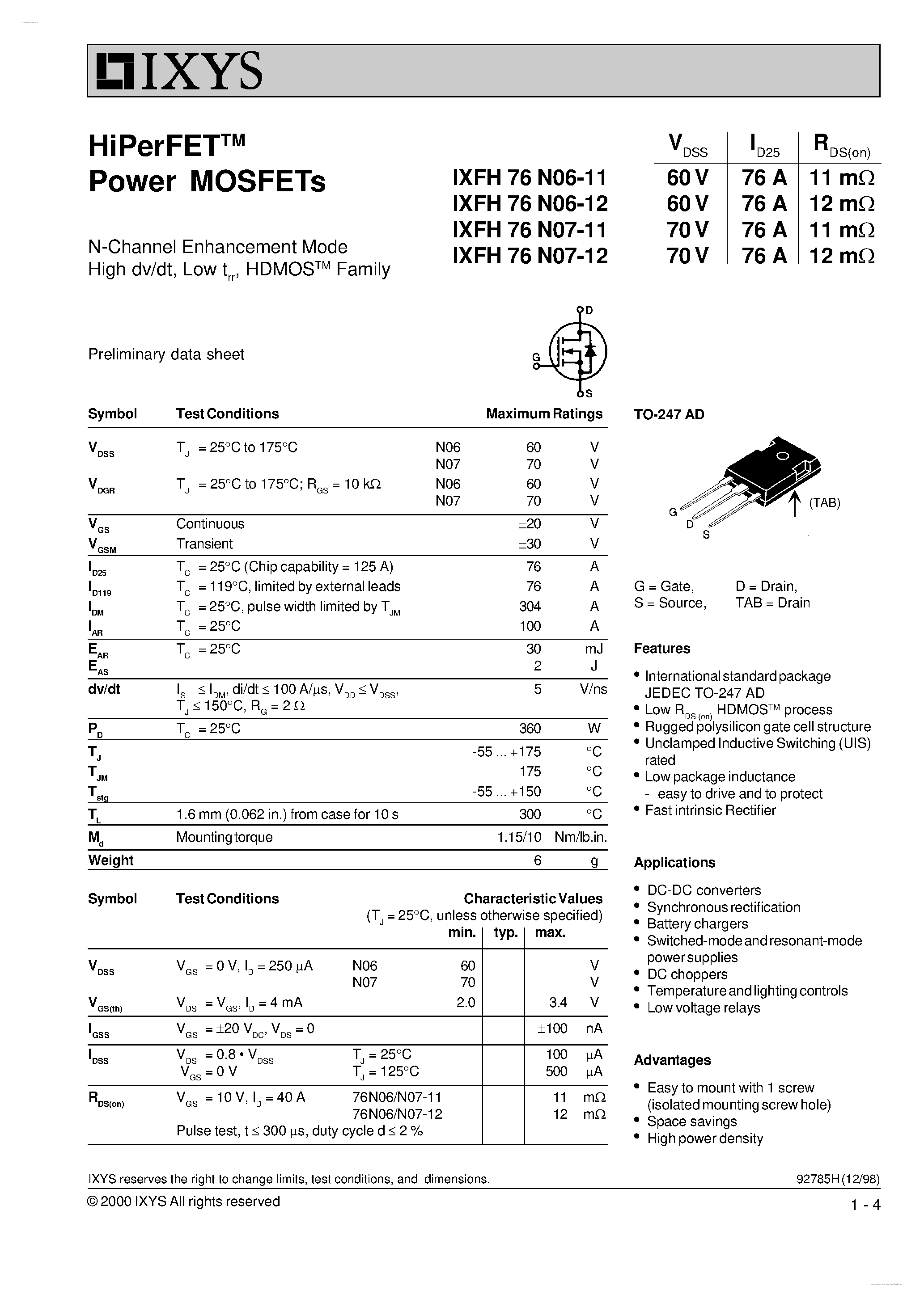 Даташит IXFH76N06-12 - HiPerFET Power MOSFETs страница 1