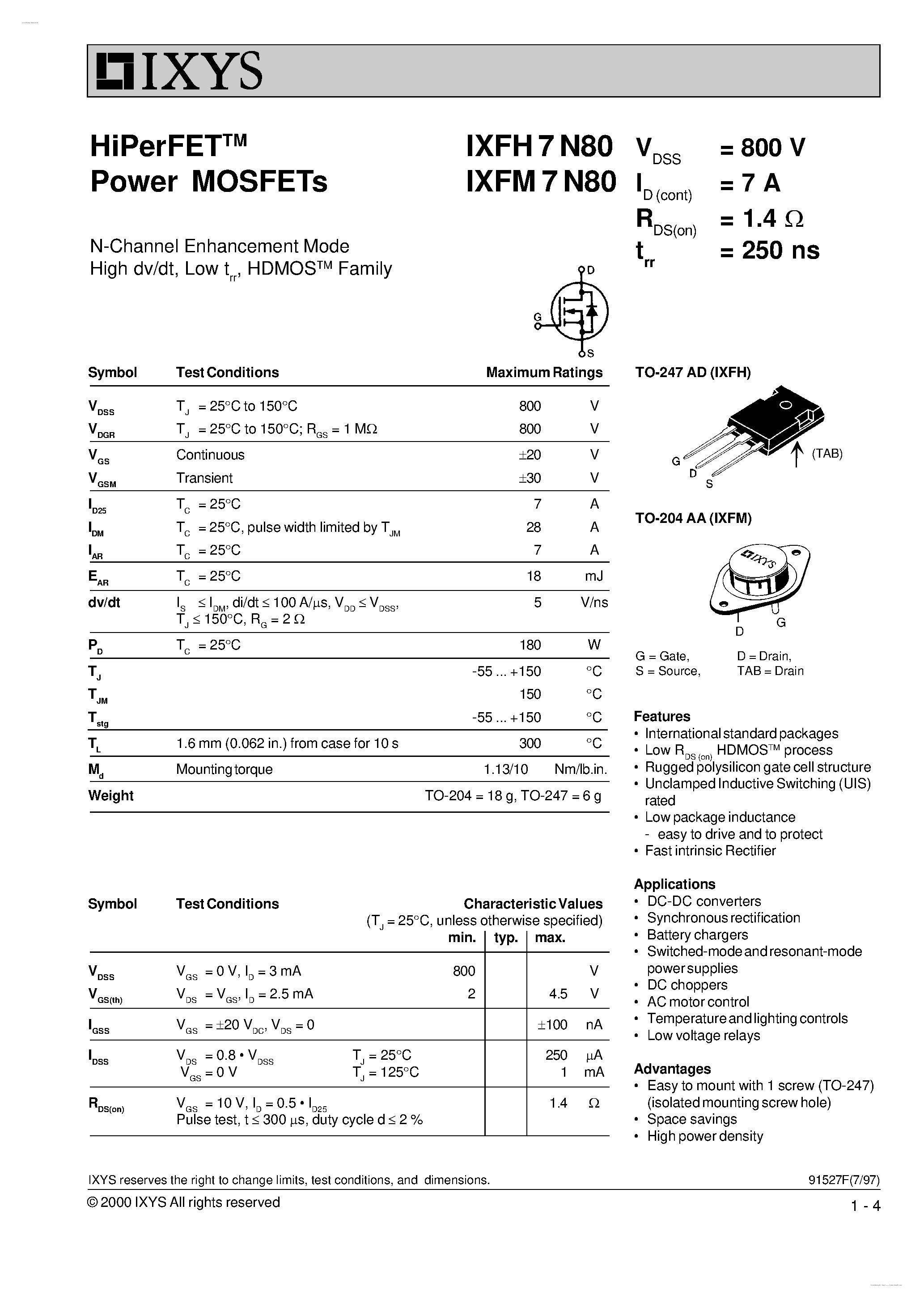 Даташит IXFH7N80 - HiPerFET Power MOSFETs страница 1