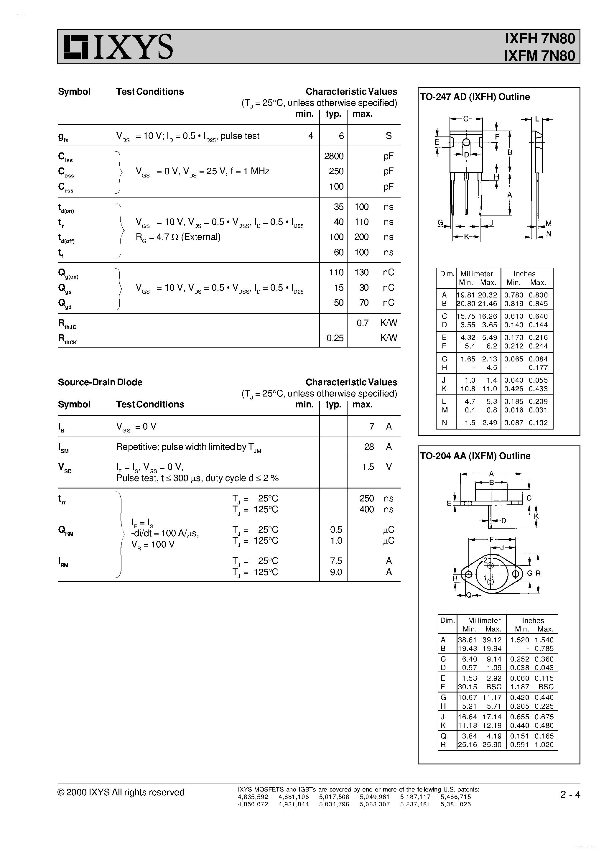 Даташит IXFH7N80 - HiPerFET Power MOSFETs страница 2