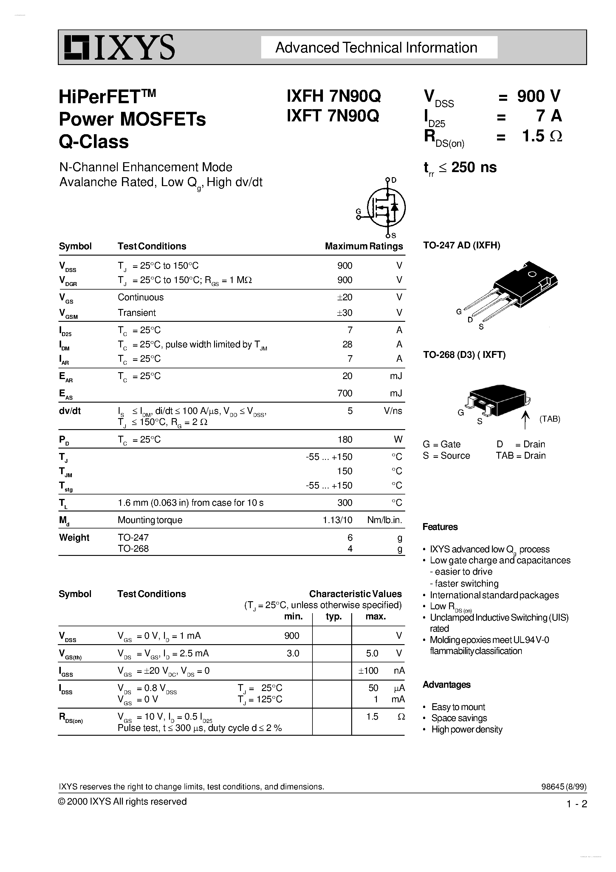 Datasheet IXFH7N90Q page 1 Datasheet IXFH7N90Q - HiPerFETTM Power MOSFETs Q-Class page 1