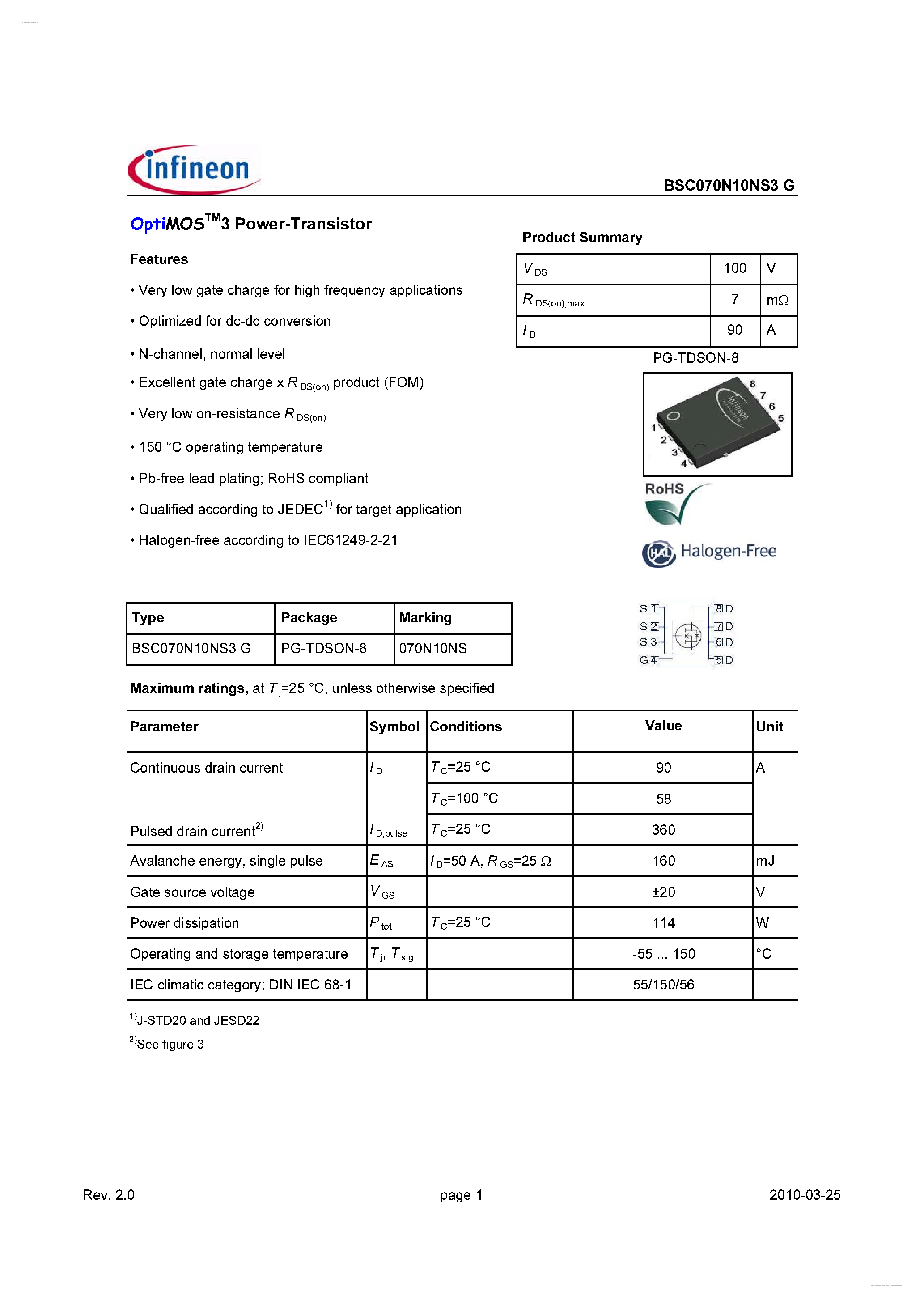Даташит BSC070N10NS3G - OptiMOSTM3 Power-Transistor страница 1