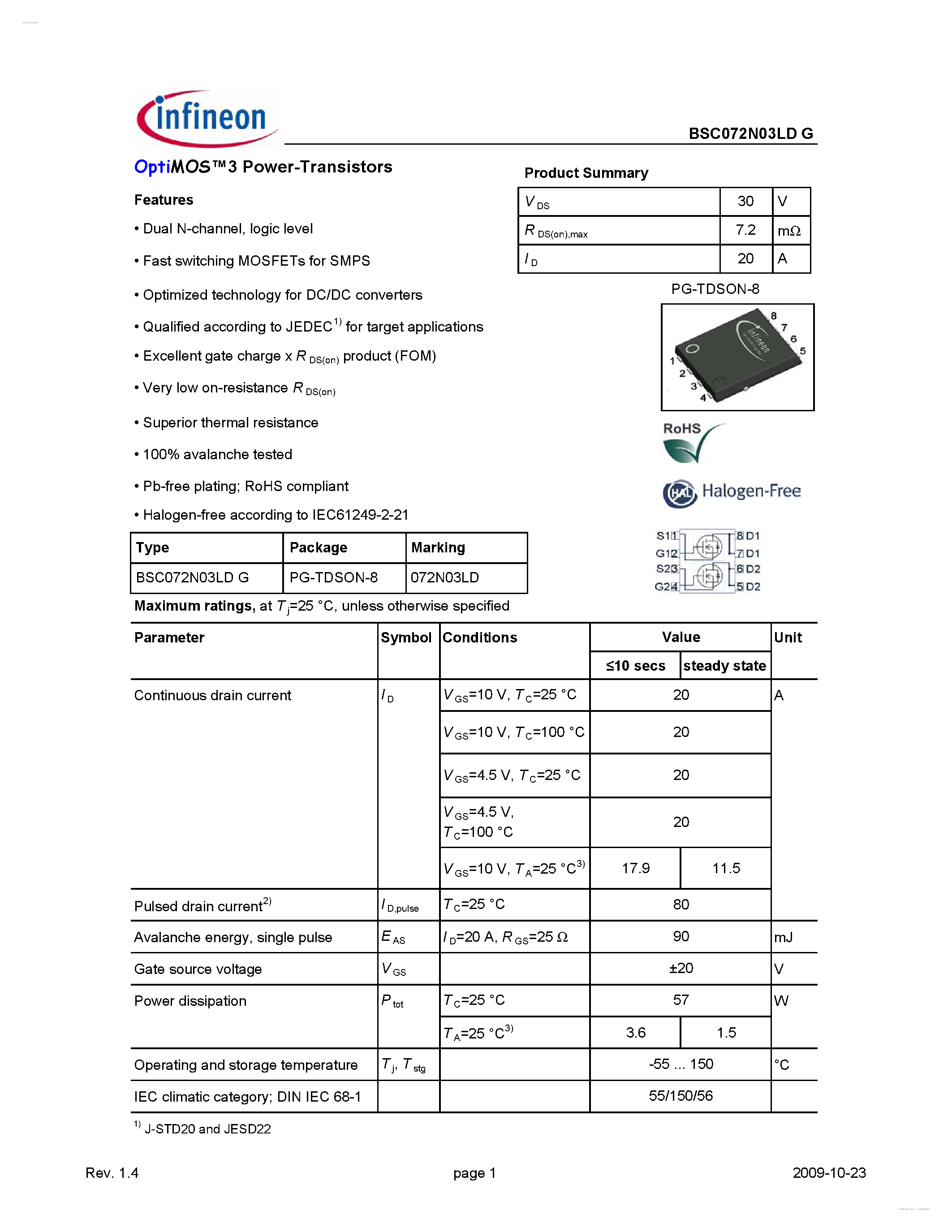 Даташит BSC072N03LDG - OptiMOS3 Power-Transistors страница 1
