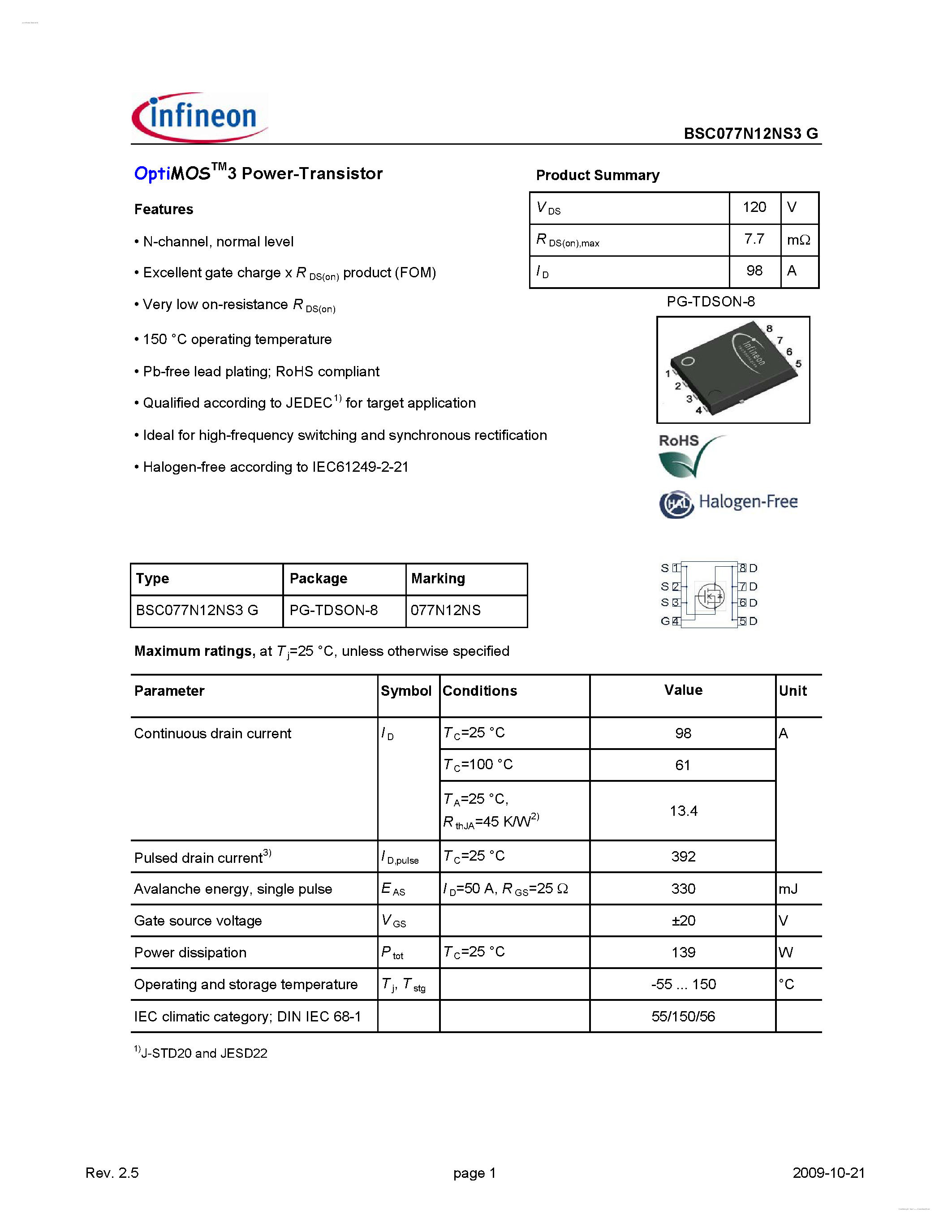 Даташит BSC077N12NS3G - OptiMOS3 Power-Transistor страница 1