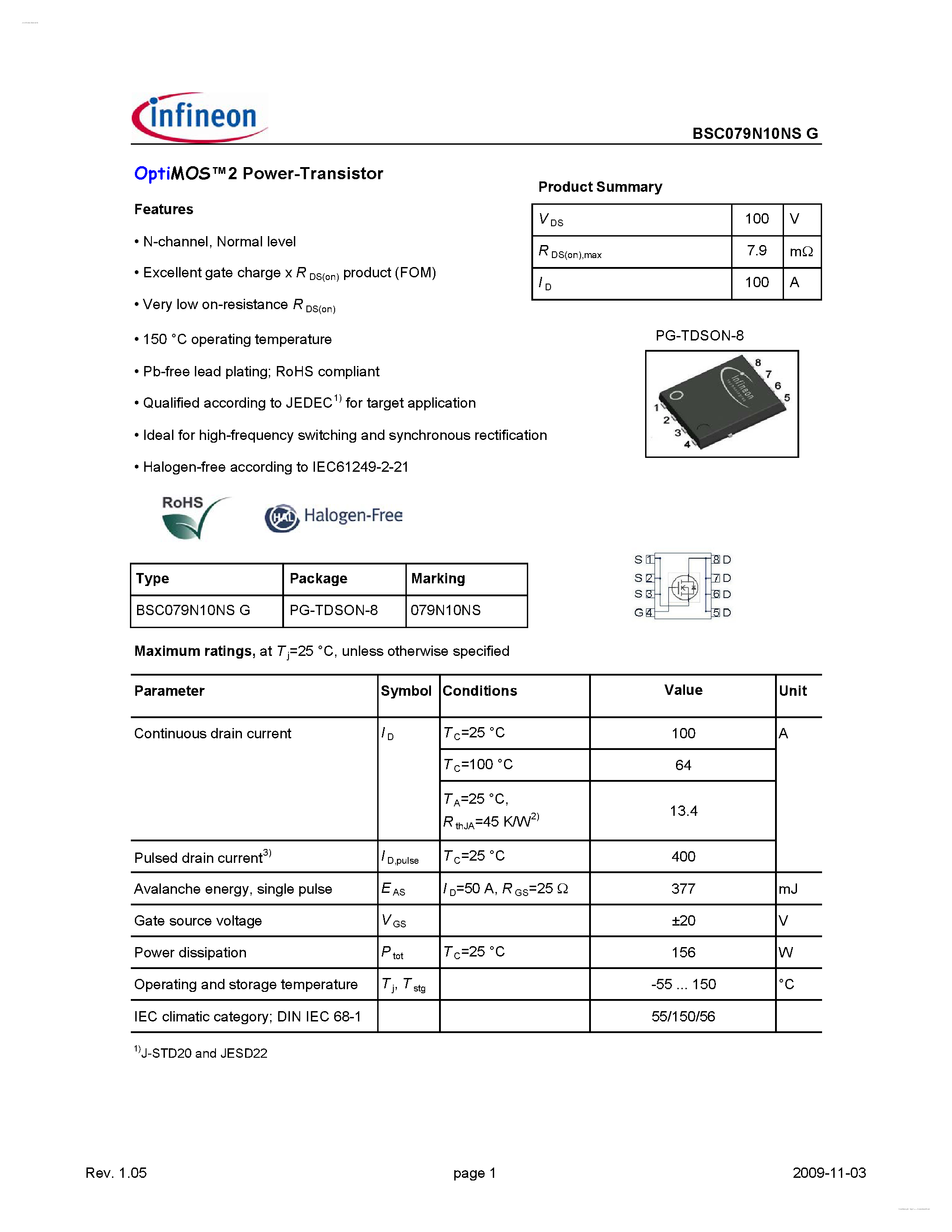 Даташит BSC079N10NSG - OptiMOS2 Power-Transistor страница 1