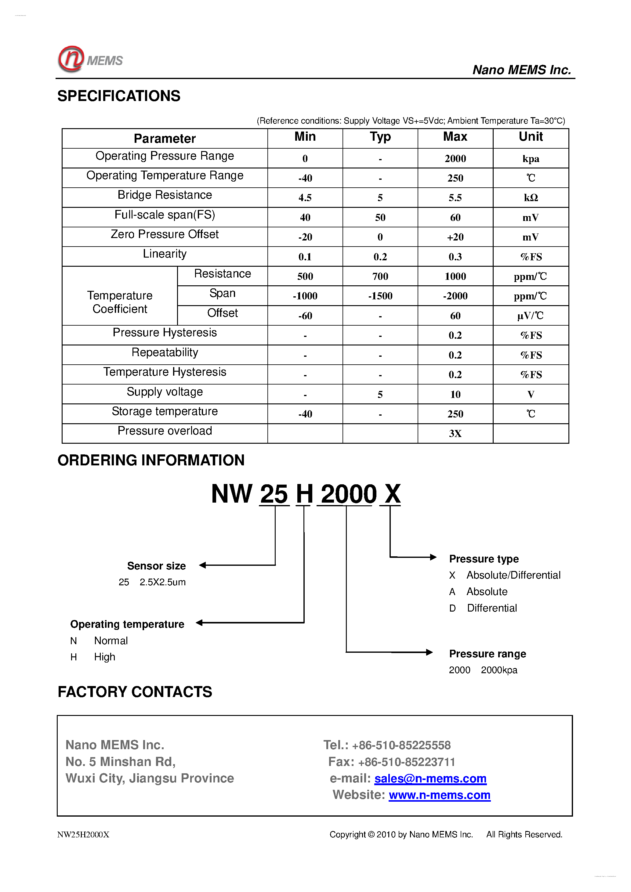 Даташит NW25H2000X - Pressure sensor страница 2