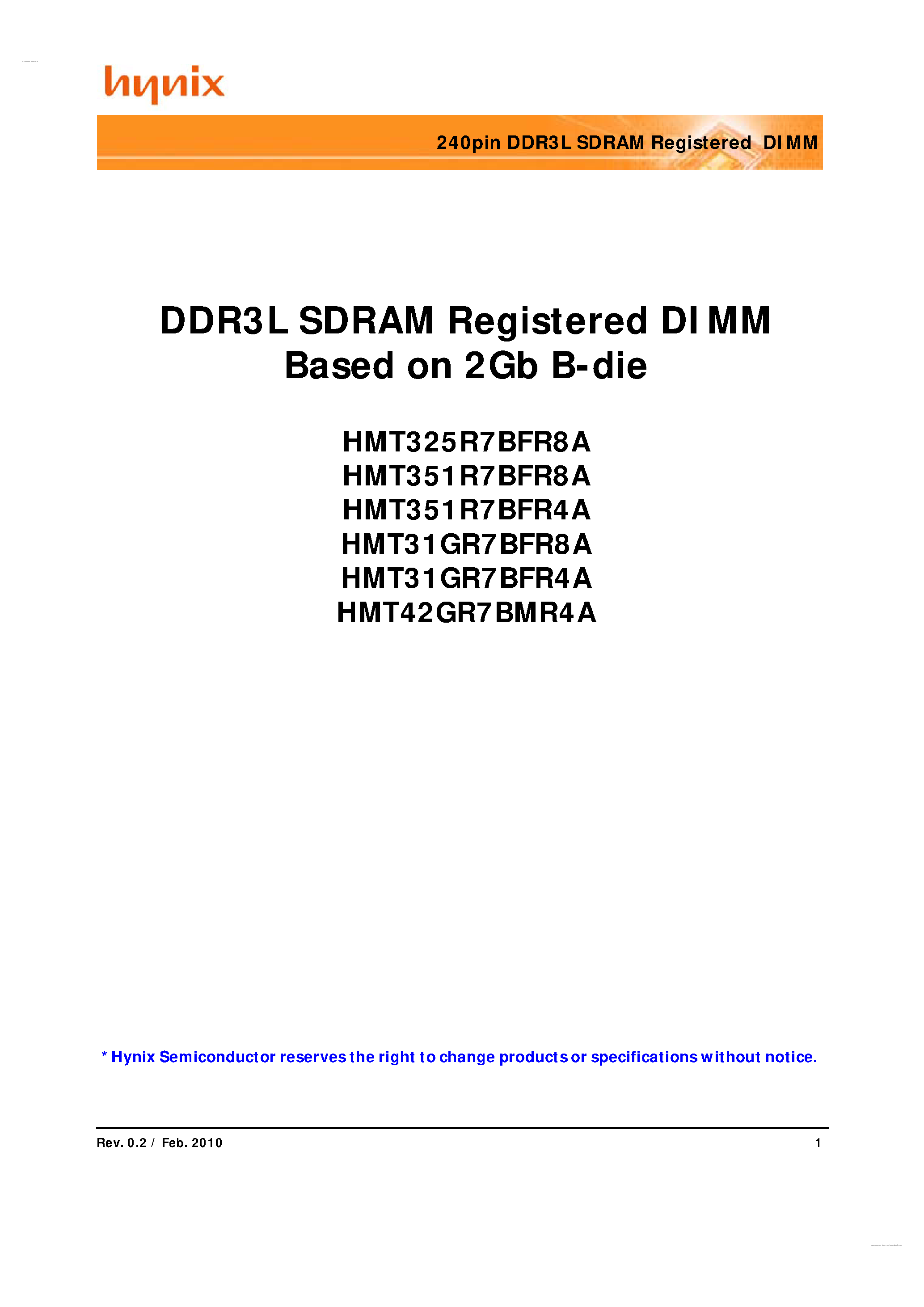 Даташит HMT31GR7BFR4A - 240pin DDR3L SDRAM Registered DIMM страница 1