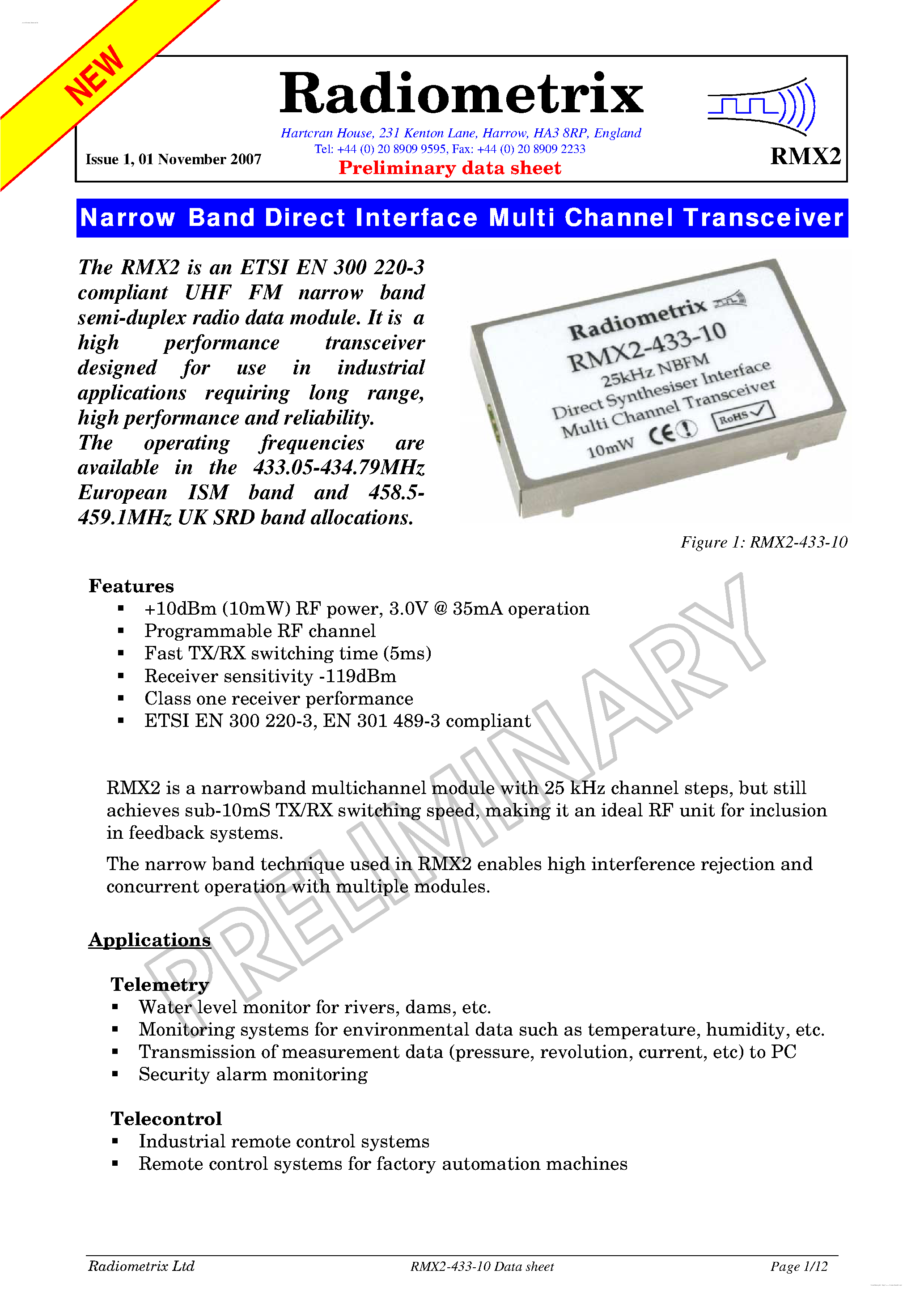 Даташит RMX2 - Narrow Band Direct Interface Multi Channel Transceiver страница 1