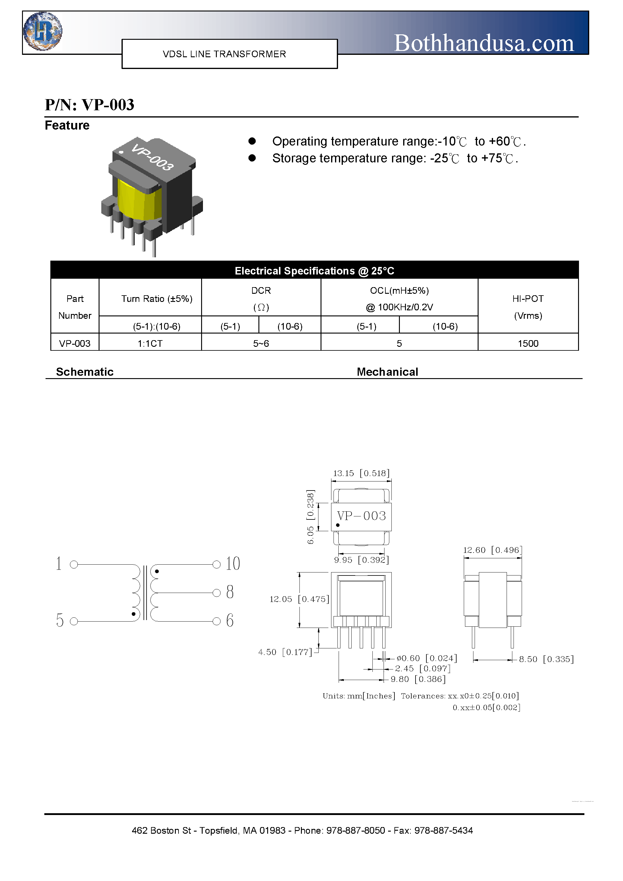 Даташит VP-003 - VDSL LINE TRANSFORMER страница 1