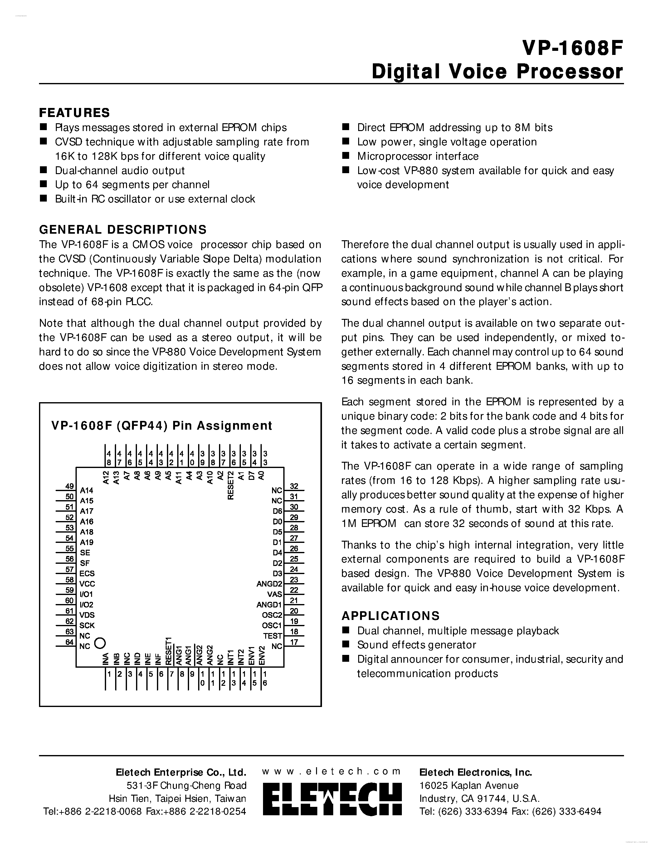 Даташит VP-1608F - Digital Voice Processor страница 1