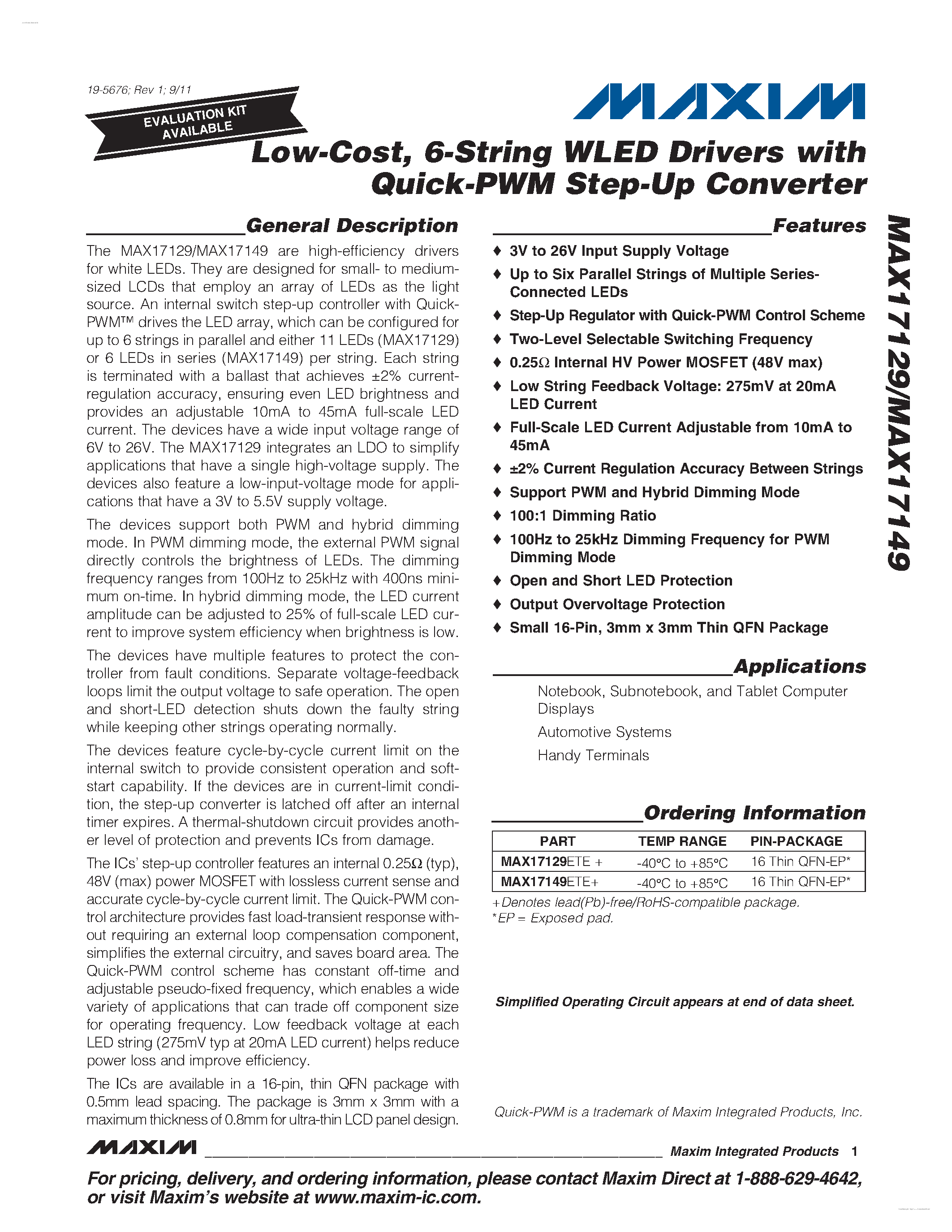 Datasheet MAX17129 - (MAX17129 / MAX17149) 6-String WLED Drivers page 1