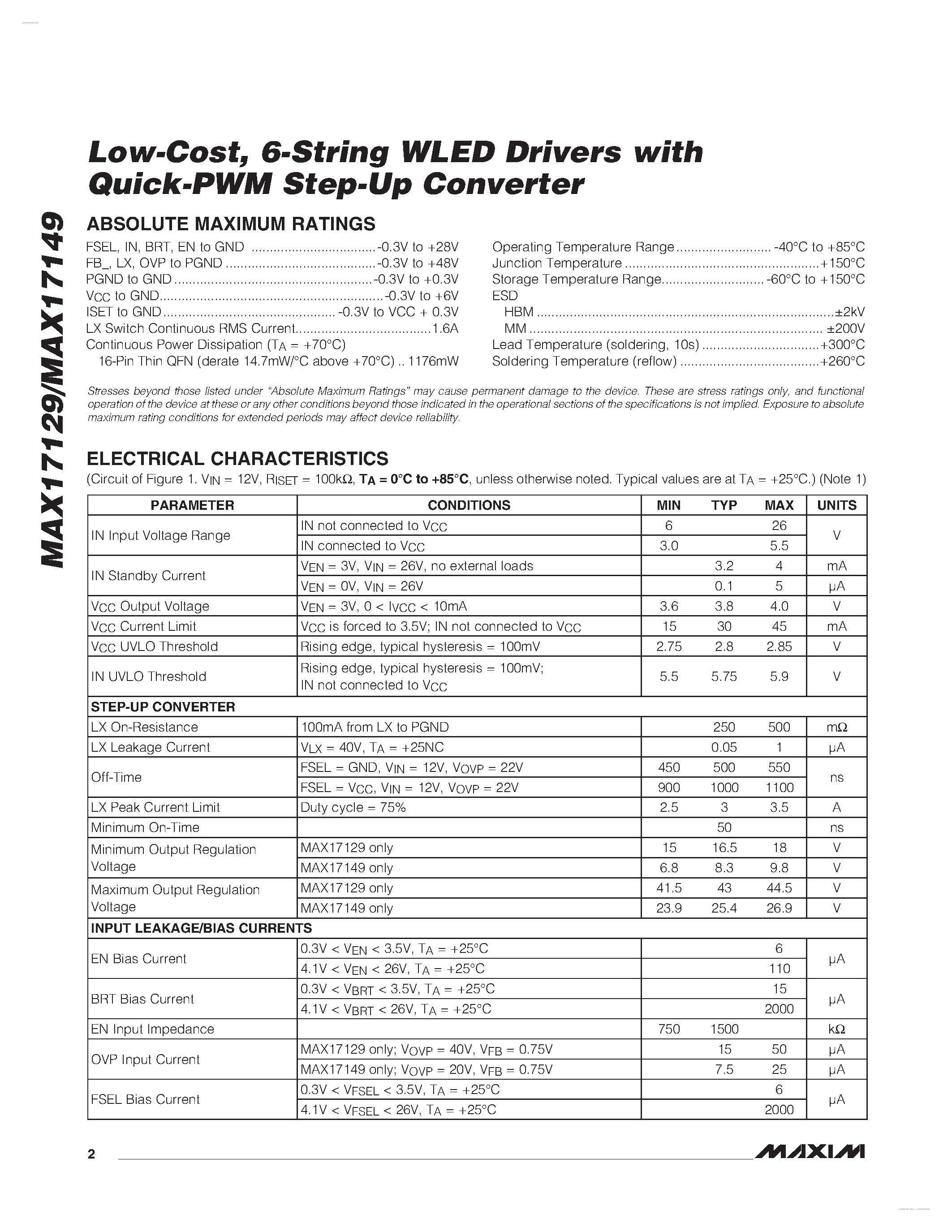 Datasheet MAX17129 - (MAX17129 / MAX17149) 6-String WLED Drivers page 2