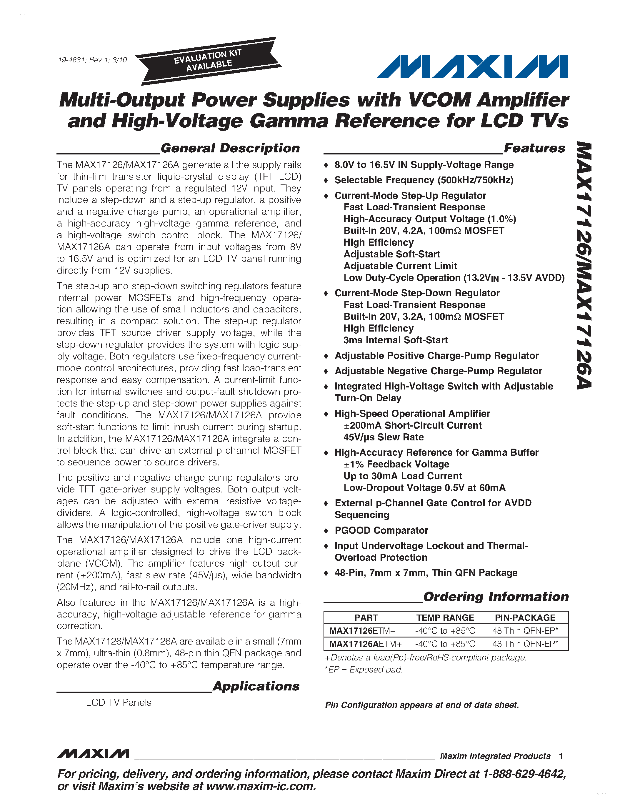 Даташит MAX17126 - Multi-Output Power Supplies страница 1
