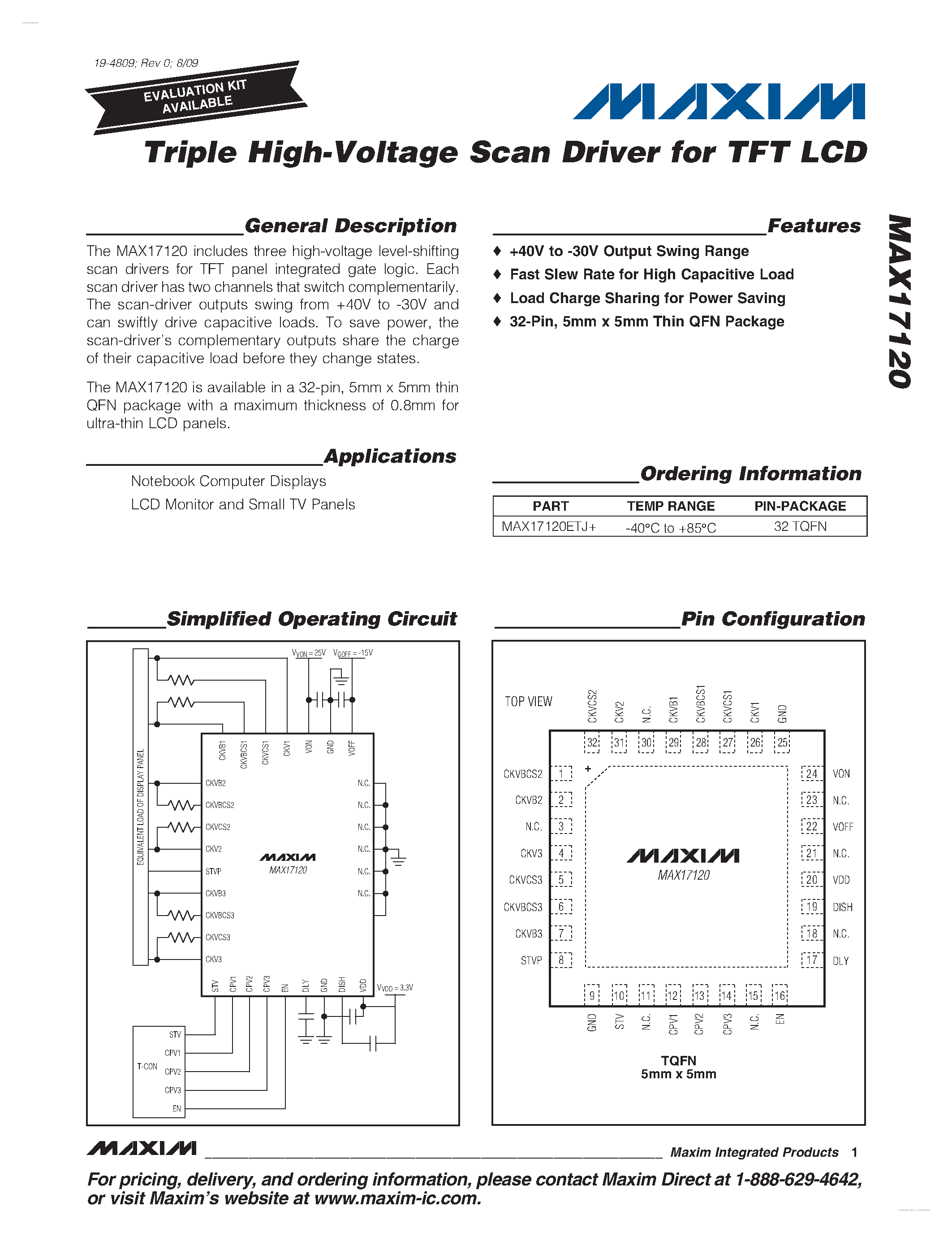 Даташит MAX17120 - Triple High-Voltage Scan Driver страница 1