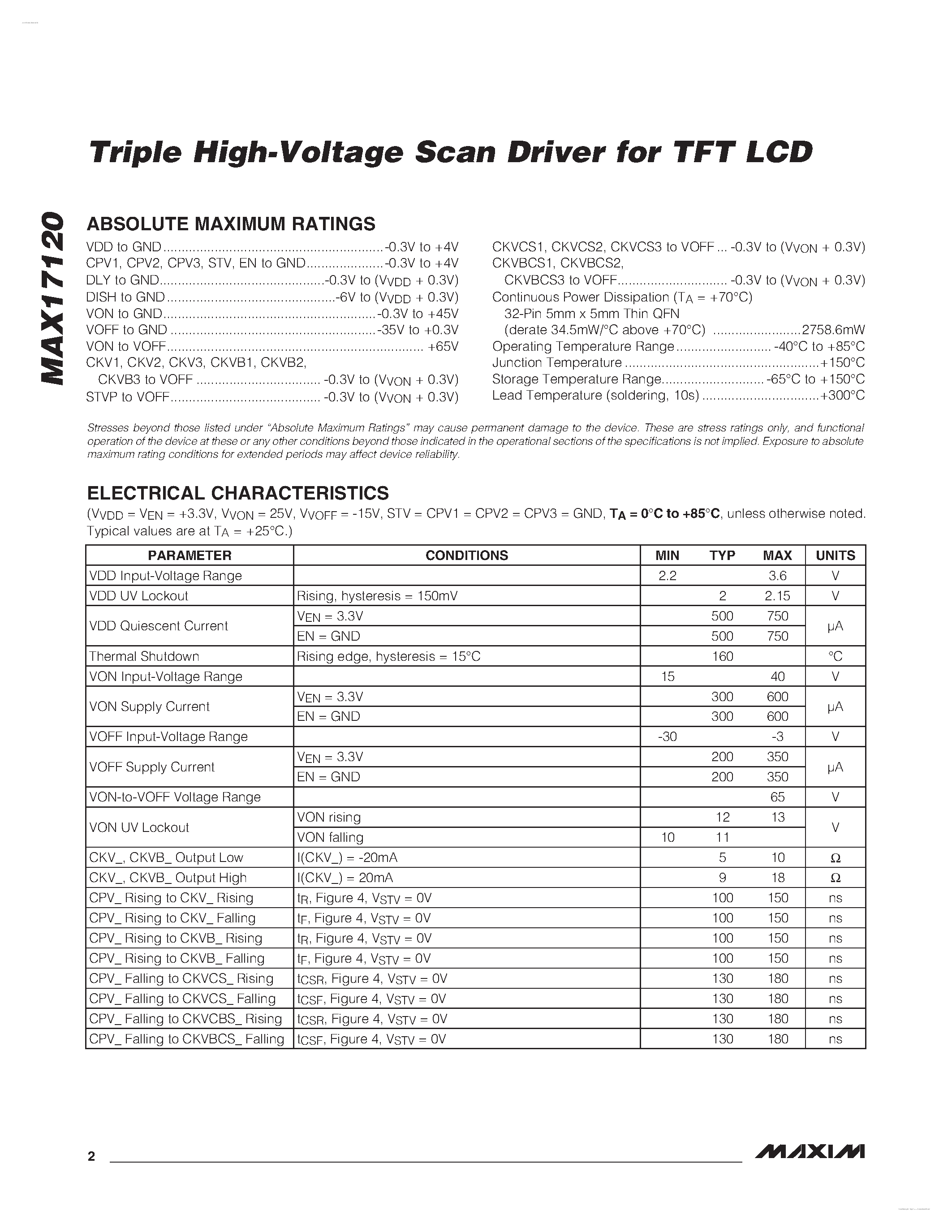 Даташит MAX17120 - Triple High-Voltage Scan Driver страница 2