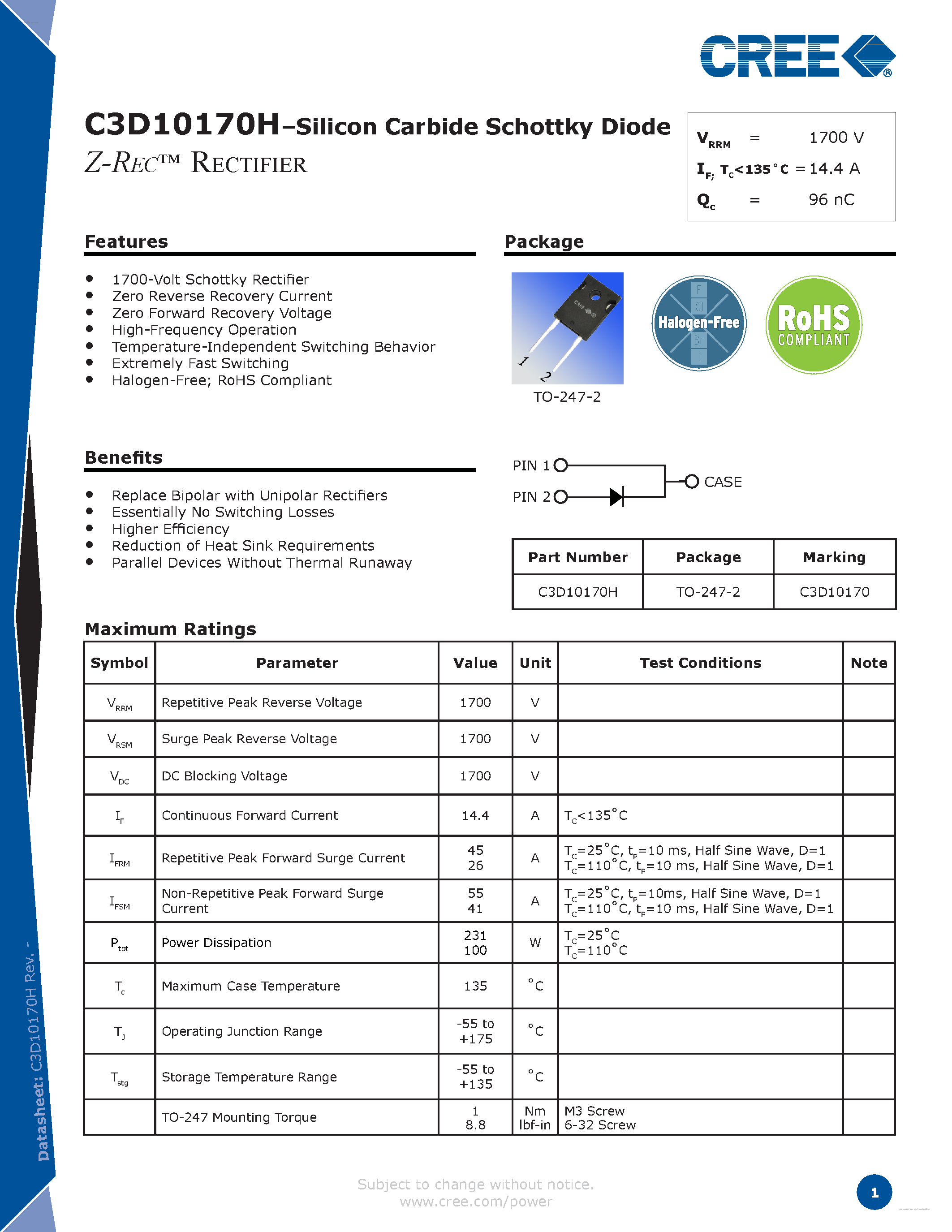 Datasheet C3D10170H page 1 Datasheet C3D10170H - Silicon Carbide Schottky Diode page 1
