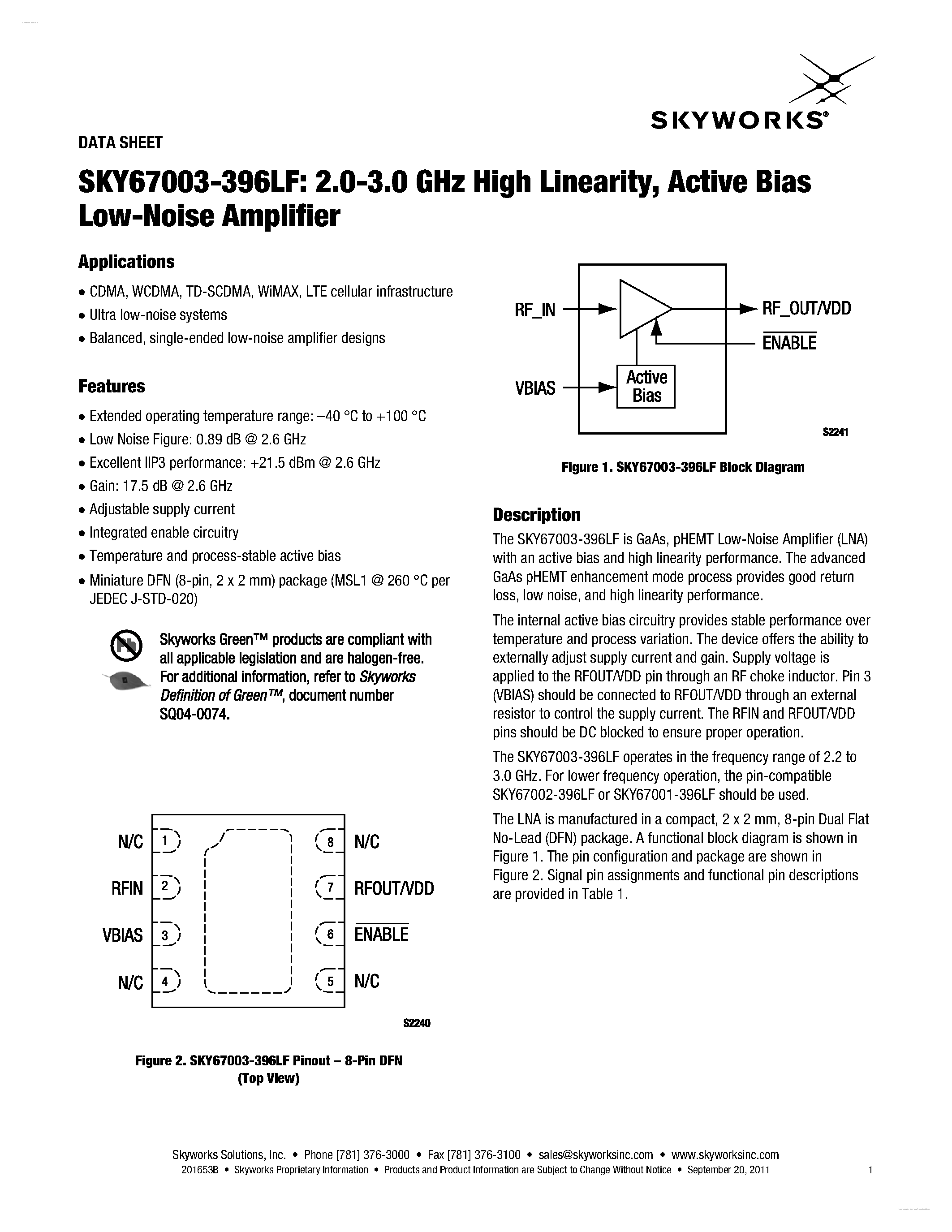 Даташит SKY67003-396LF - Active Bias Low-Noise Amplifier страница 1