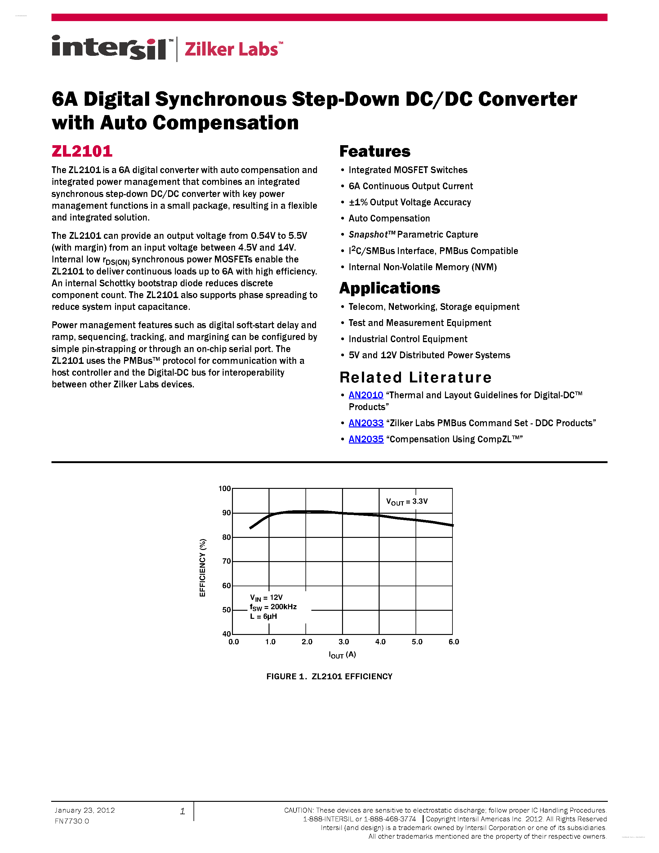Datasheet ZL2101 page 1 Datasheet ZL2101 - 6A Digital Synchronous Step-Down DC/DC Converter page 1
