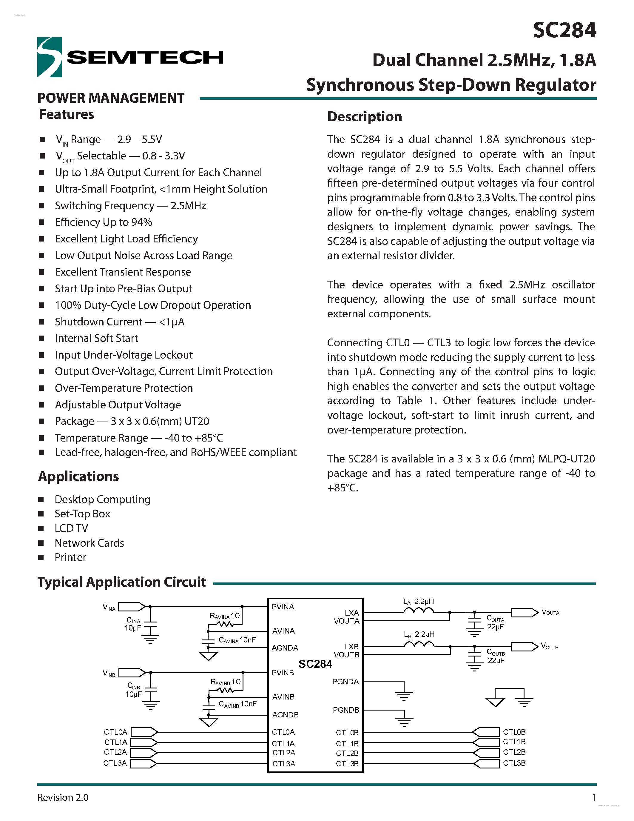 Datasheet SC284 - 1.8A Synchronous Step-Down Regulator page 1