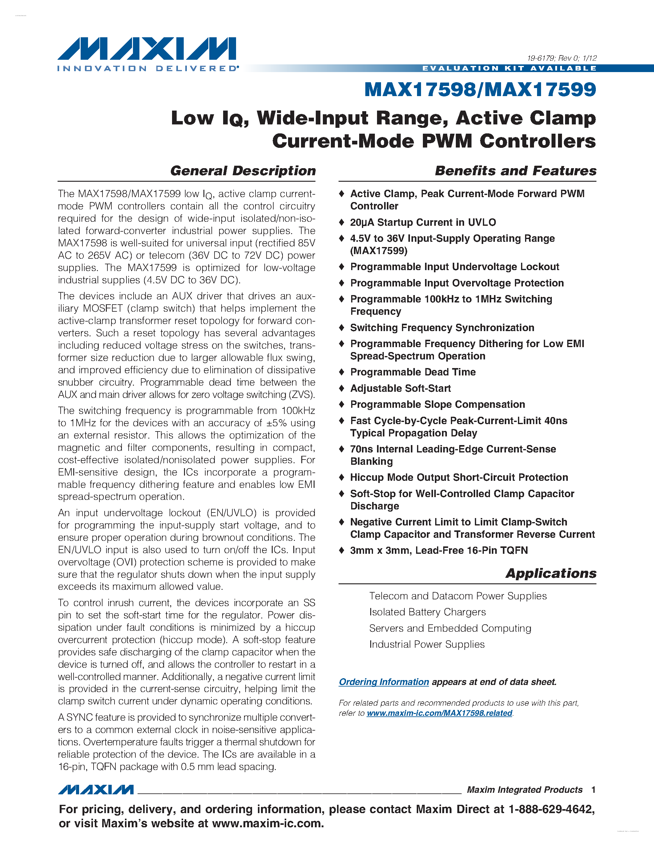 Даташит MAX17598 - (MAX17598 / MAX17599) Active Clamp Current-Mode PWM Controllers страница 1