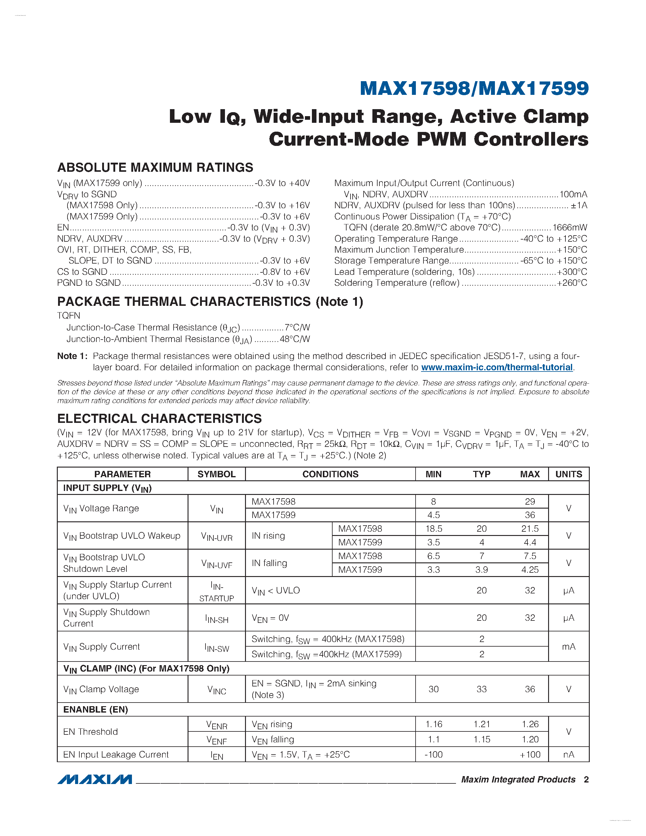 Даташит MAX17598 - (MAX17598 / MAX17599) Active Clamp Current-Mode PWM Controllers страница 2