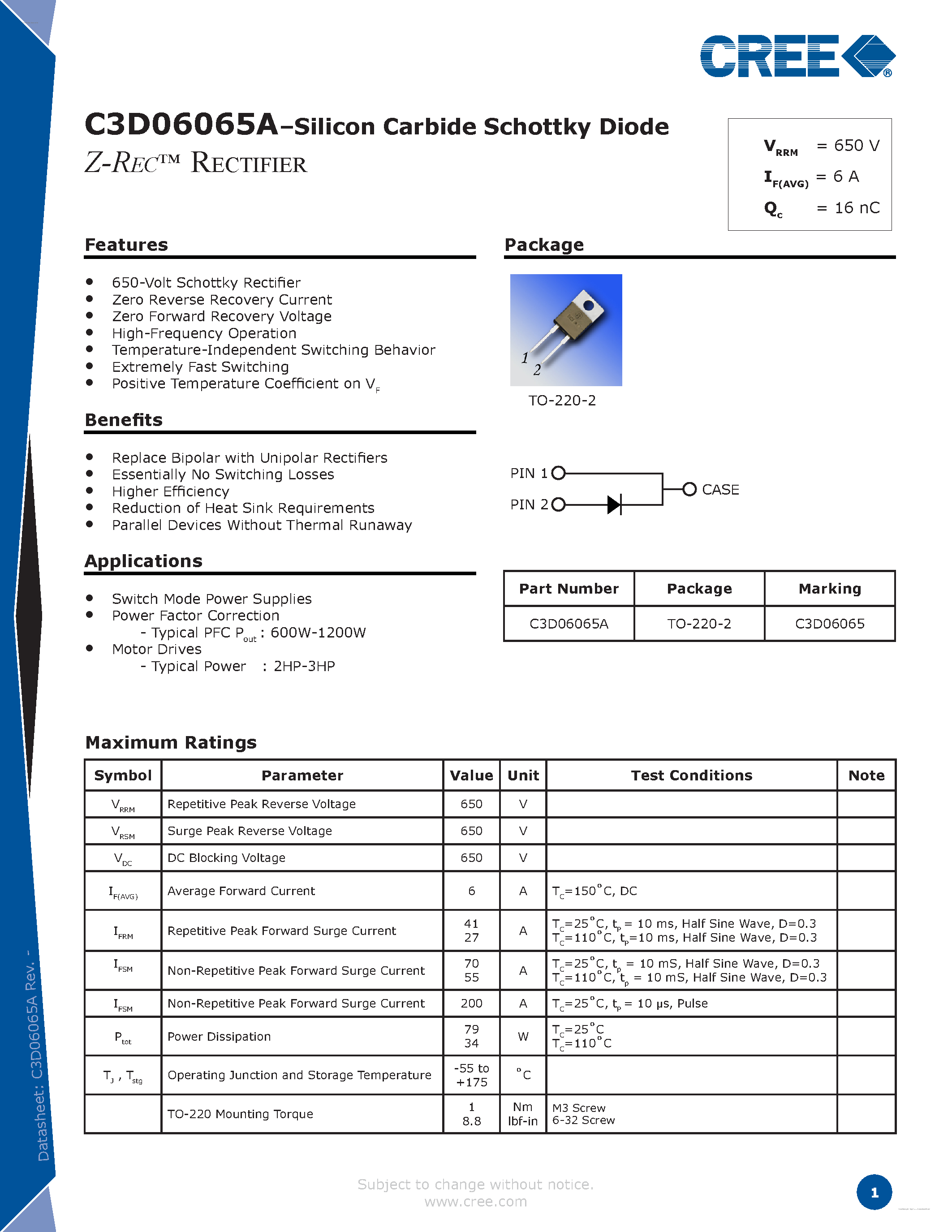 Datasheet C3D06065A - Silicon Carbide Schottky Diode page 1