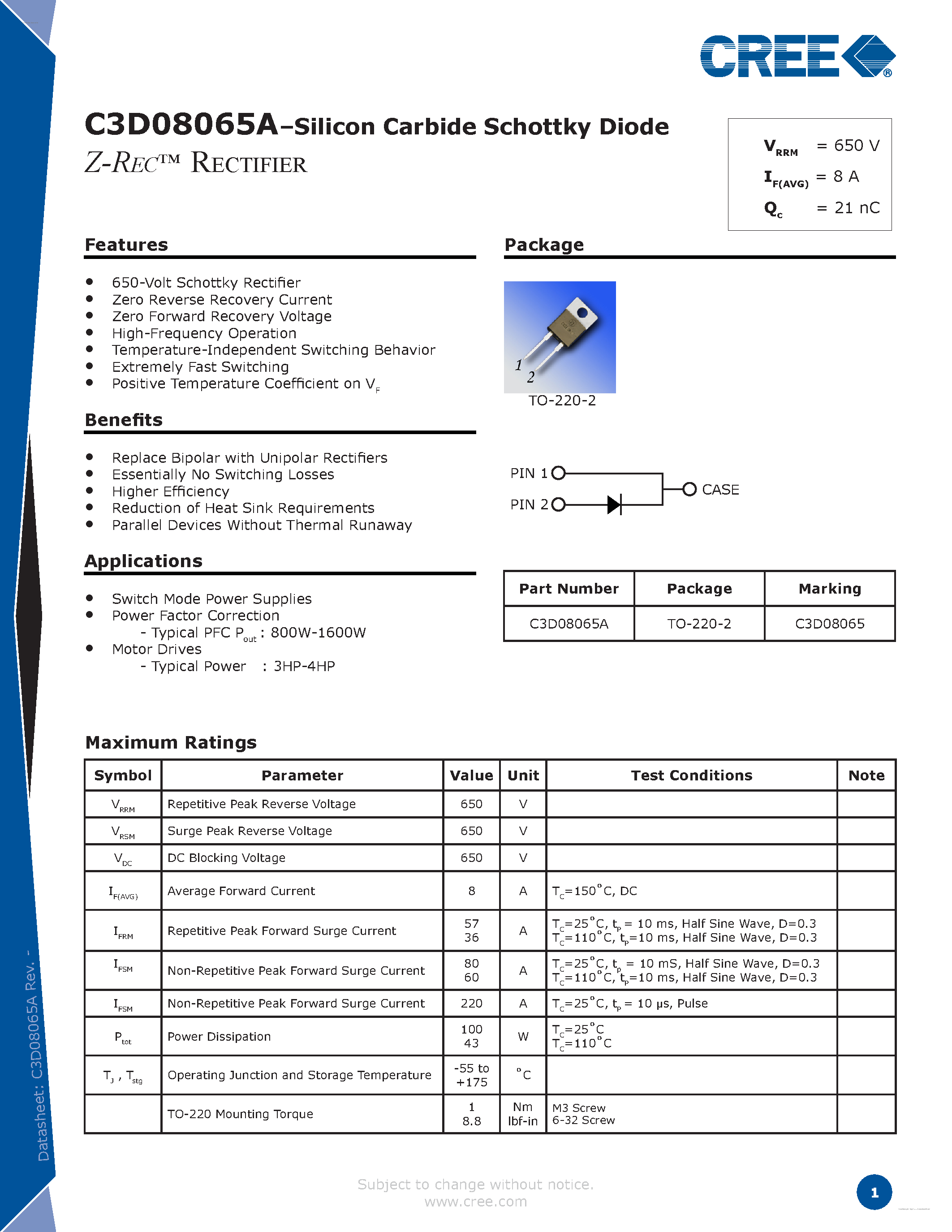 Datasheet C3D08065A page 1 Datasheet C3D08065A - Silicon Carbide Schottky Diode page 1