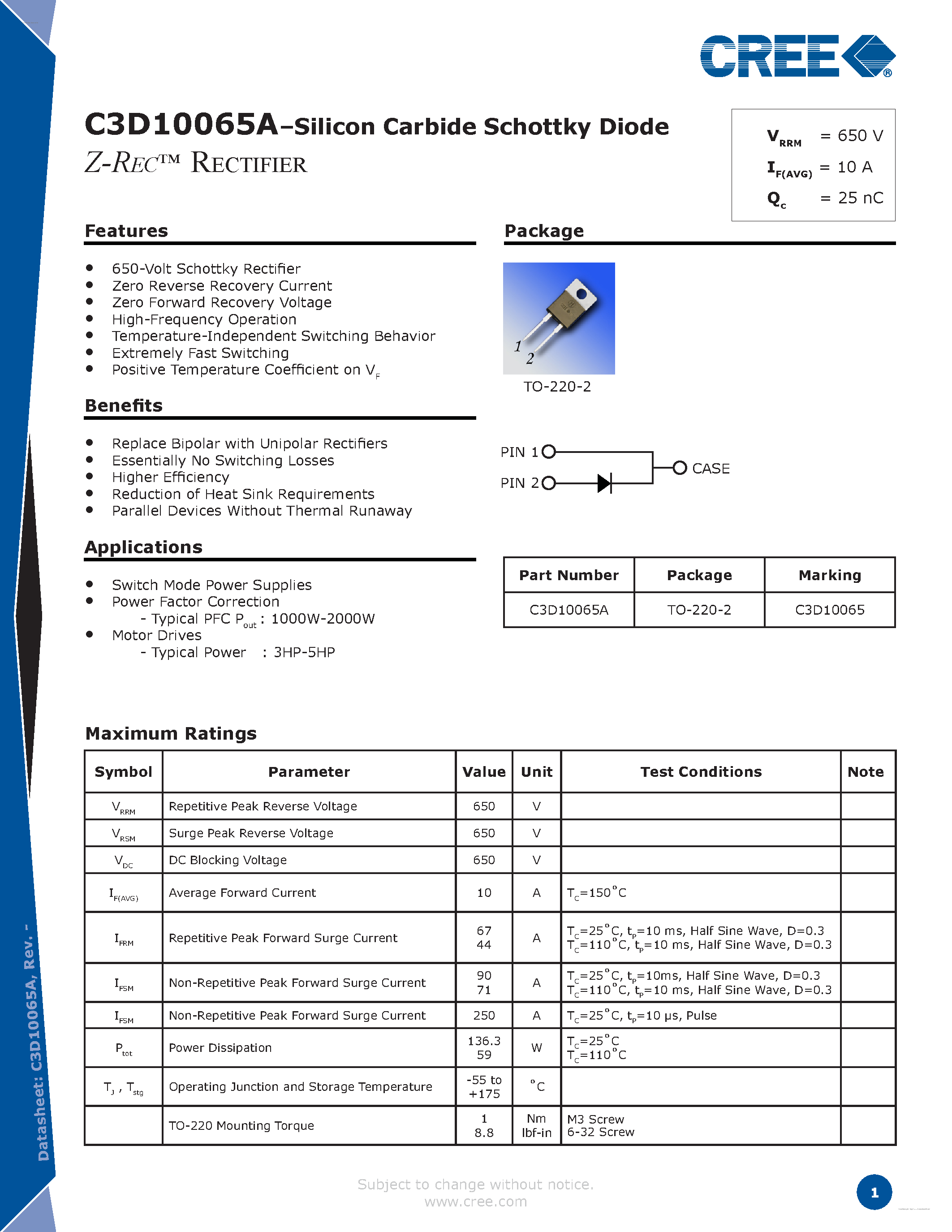 Datasheet C3D10065A page 1 Datasheet C3D10065A - Silicon Carbide Schottky Diode page 1