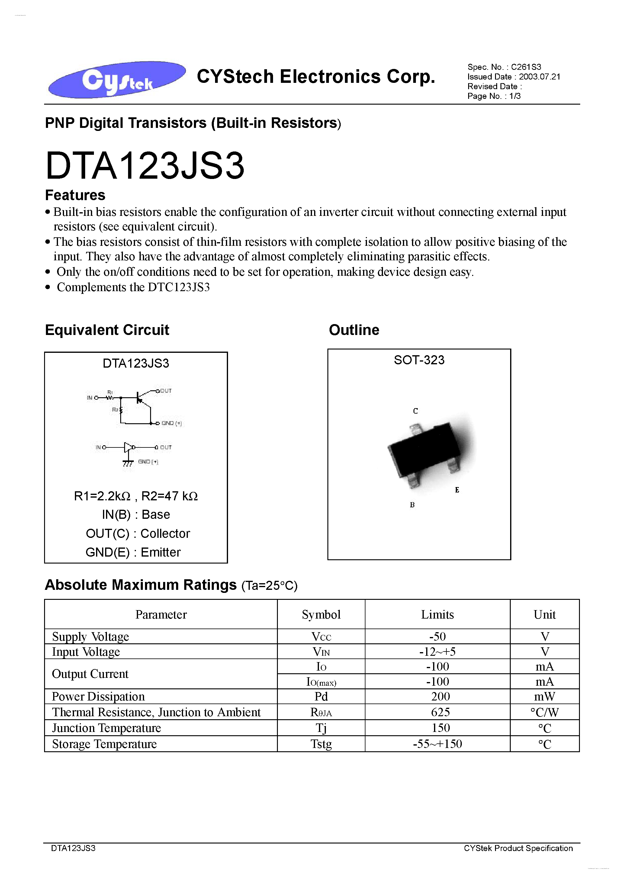 Datasheet DTC123JS3 page 1 Datasheet DTC123JS3 - PNP Digital Transistors page 1