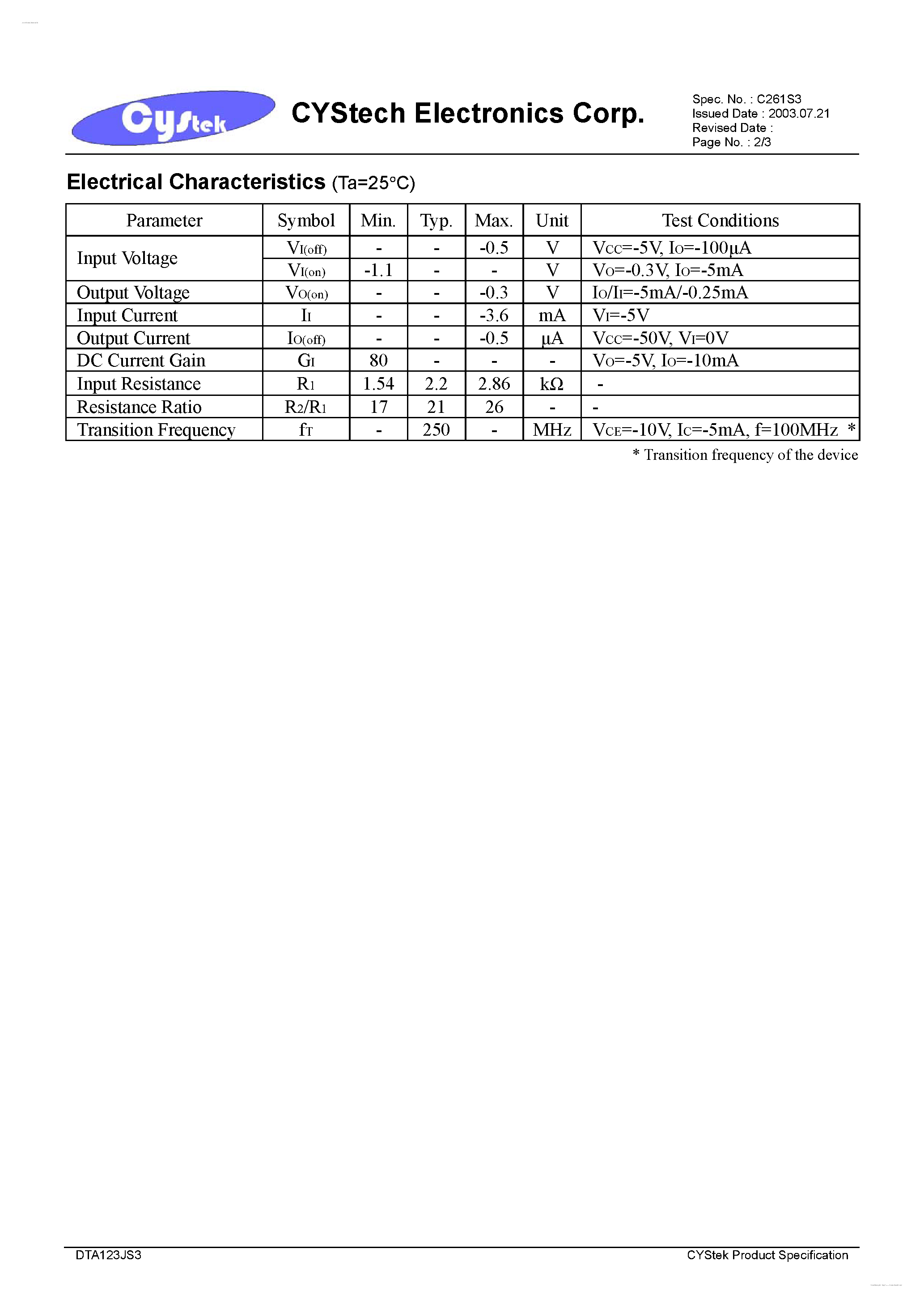 Datasheet DTC123JS3 page 2 Datasheet DTC123JS3 - PNP Digital Transistors page 2
