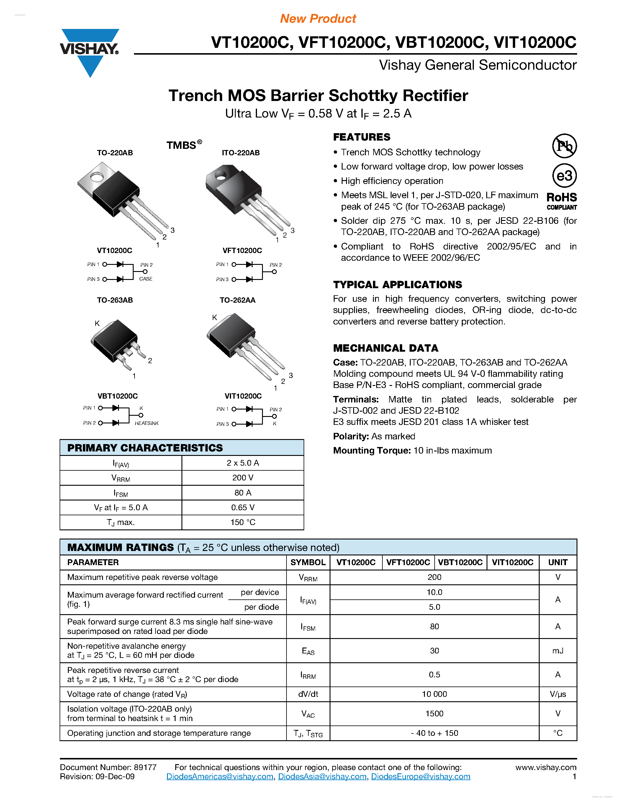 Datasheet VIT10200C page 1 Datasheet VIT10200C - Trench MOS Barrier Schottky Rectifier page 1