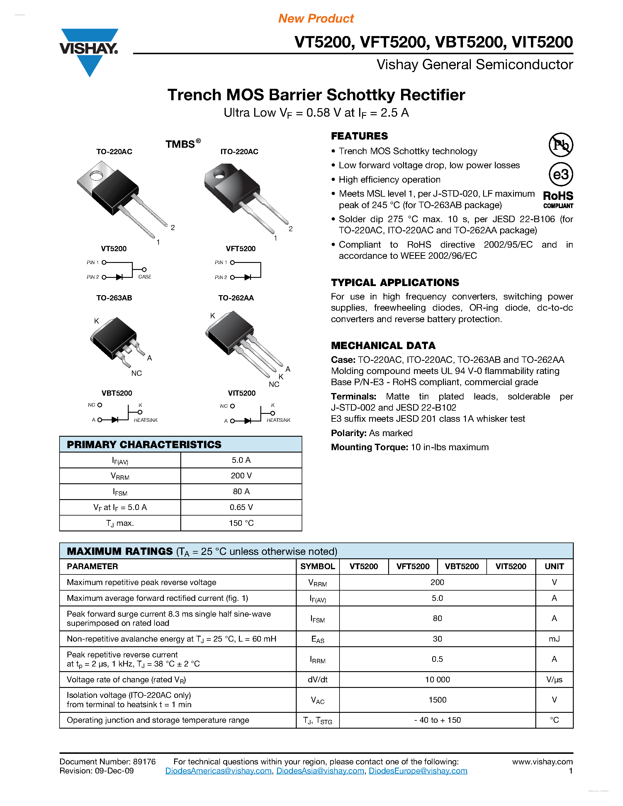 Datasheet VT5200 - Trench MOS Barrier Schottky Rectifier page 1