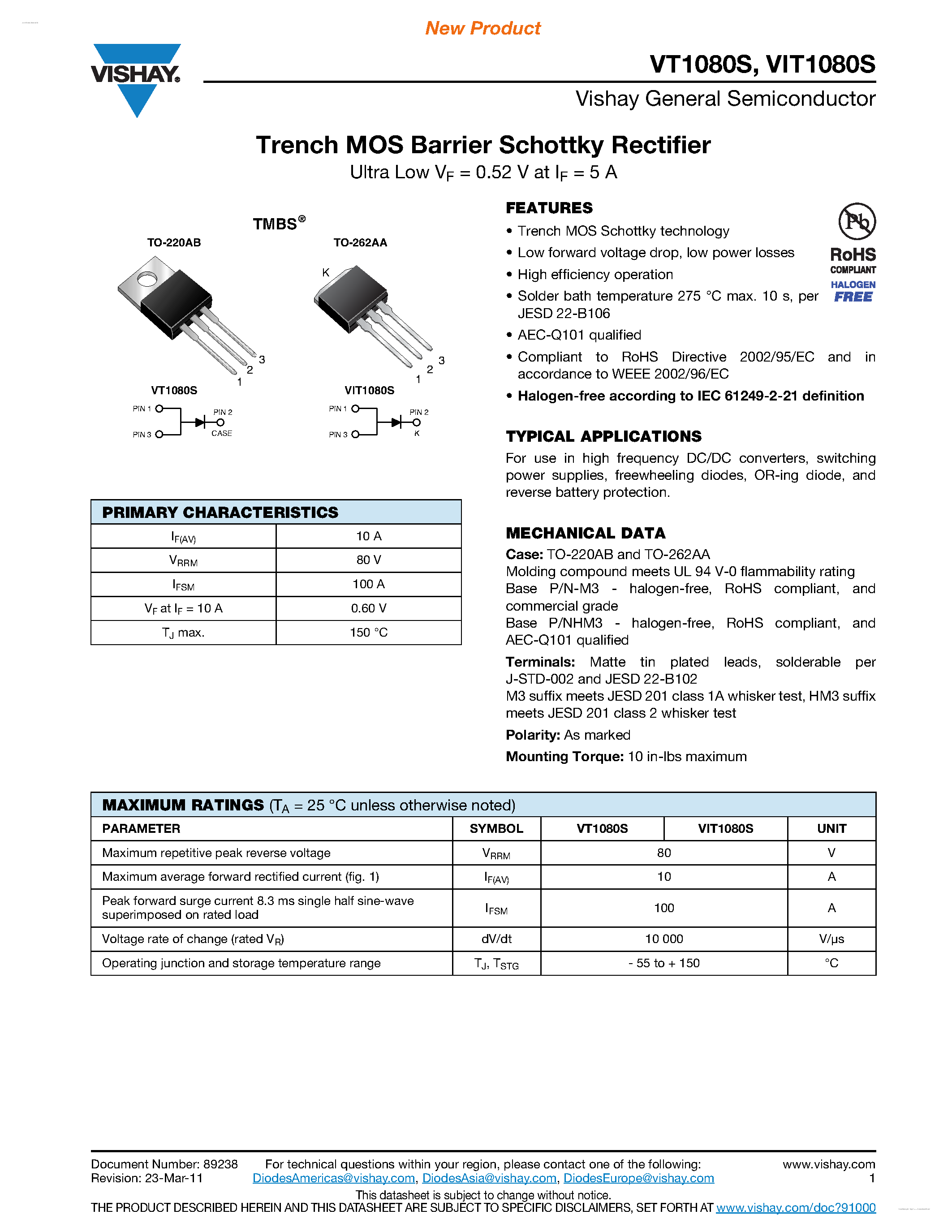 Datasheet VT1080S - Trench MOS Barrier Schottky Rectifier page 1