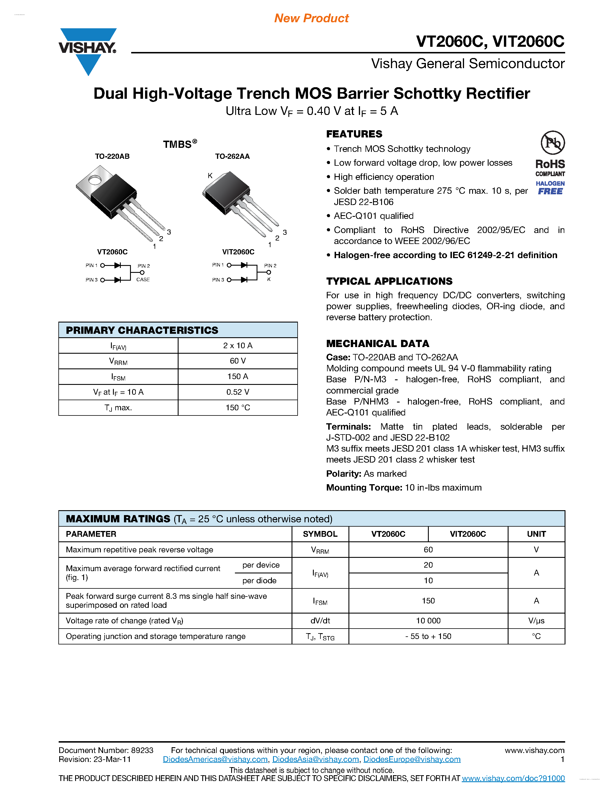 Datasheet VT2060C - Dual High-Voltage Trench MOS Barrier Schottky Rectifier page 1
