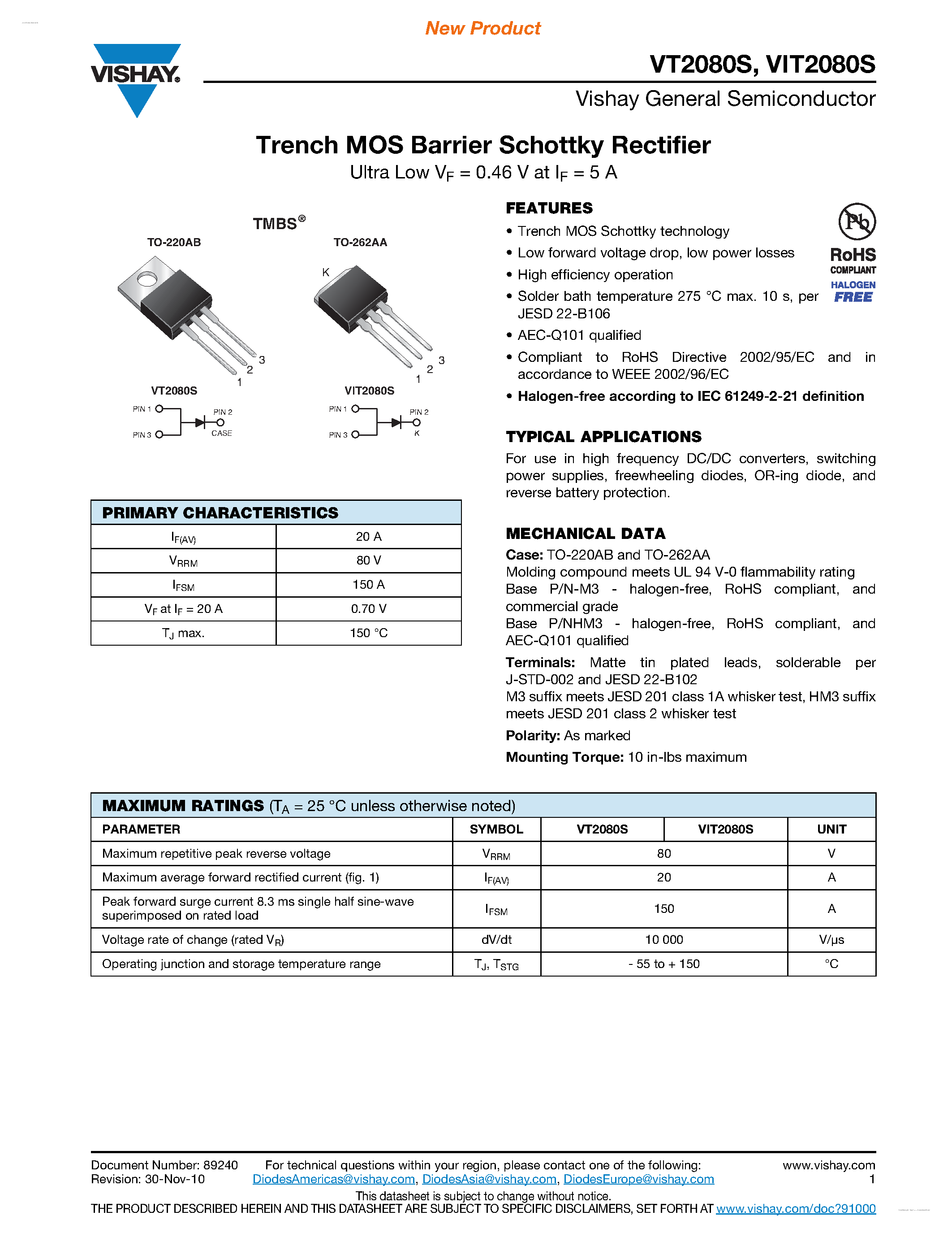 Datasheet VIT2080S - Trench MOS Barrier Schottky Rectifier page 1