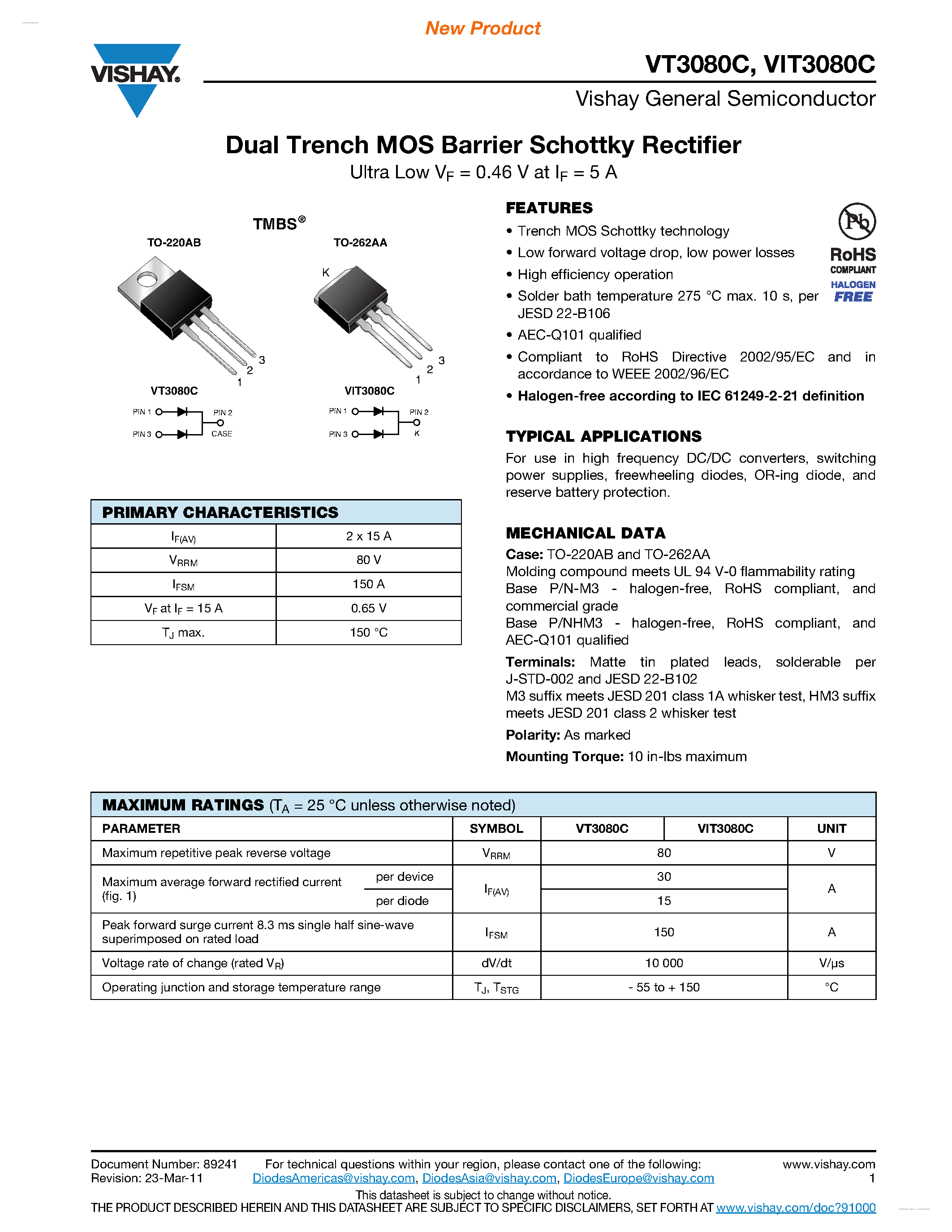 Datasheet VT3080C page 1 Datasheet VT3080C - Dual Trench MOS Barrier Schottky Rectifier page 1