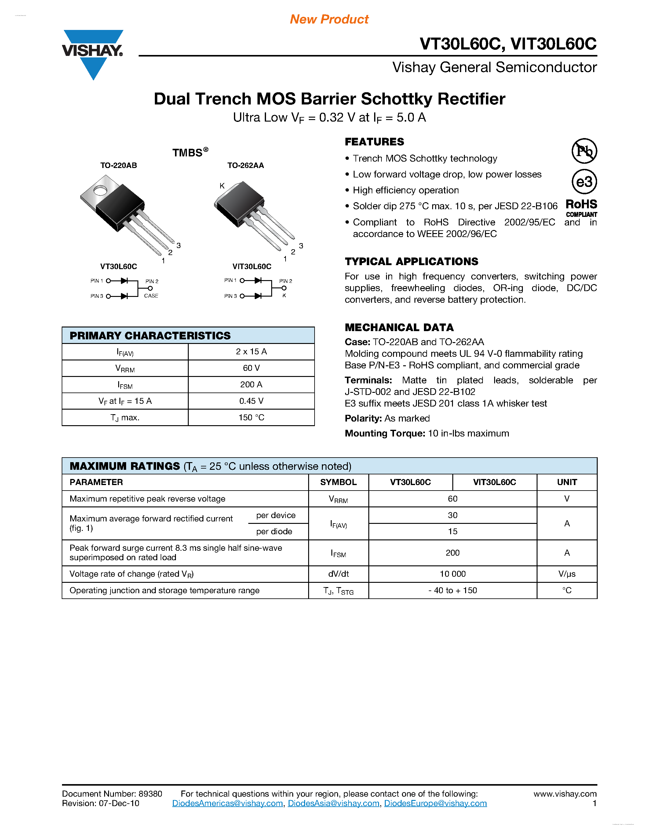 Datasheet VT30L60C - Dual Trench MOS Barrier Schottky Rectifier page 1