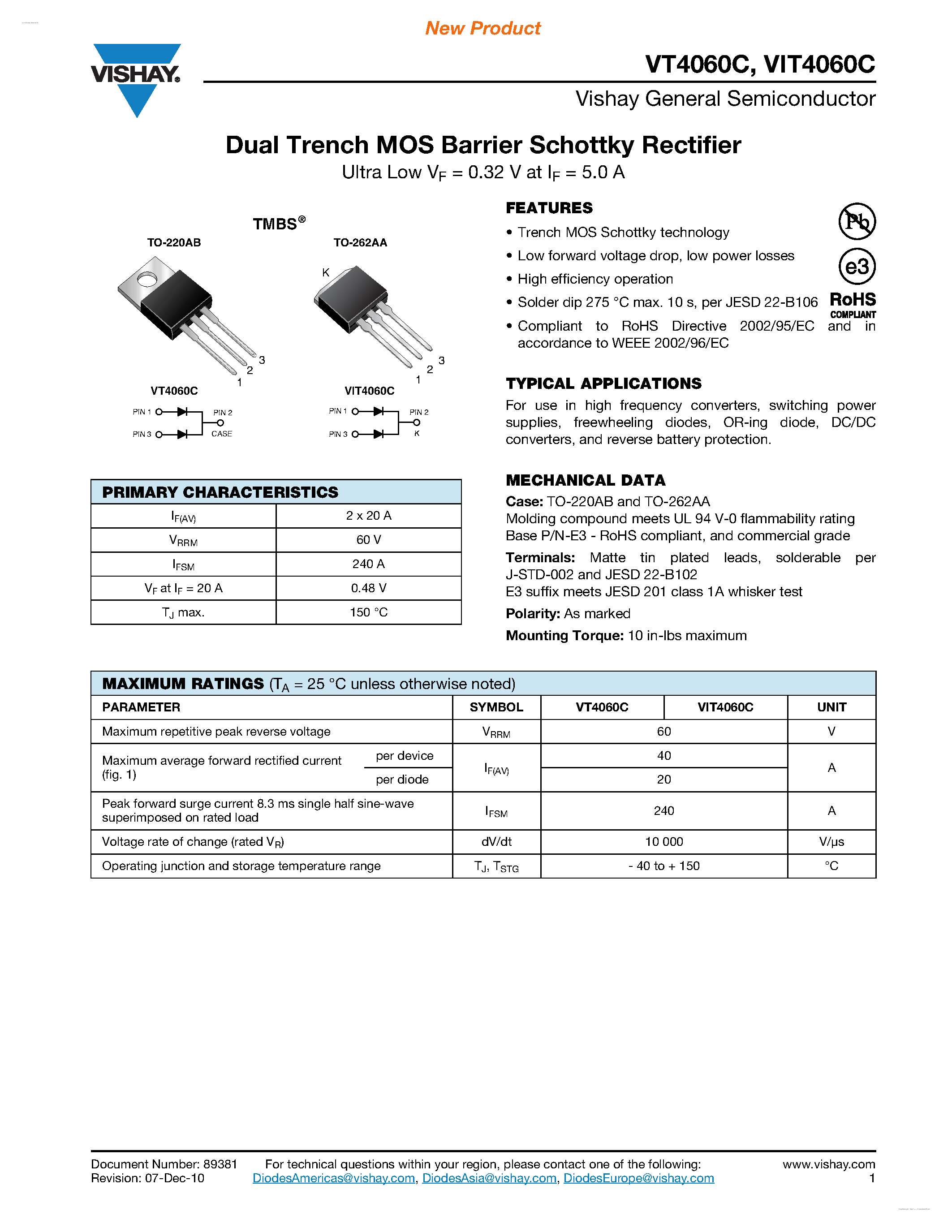 Datasheet VIT4060C page 1 Datasheet VIT4060C - Dual Trench MOS Barrier Schottky Rectifier page 1